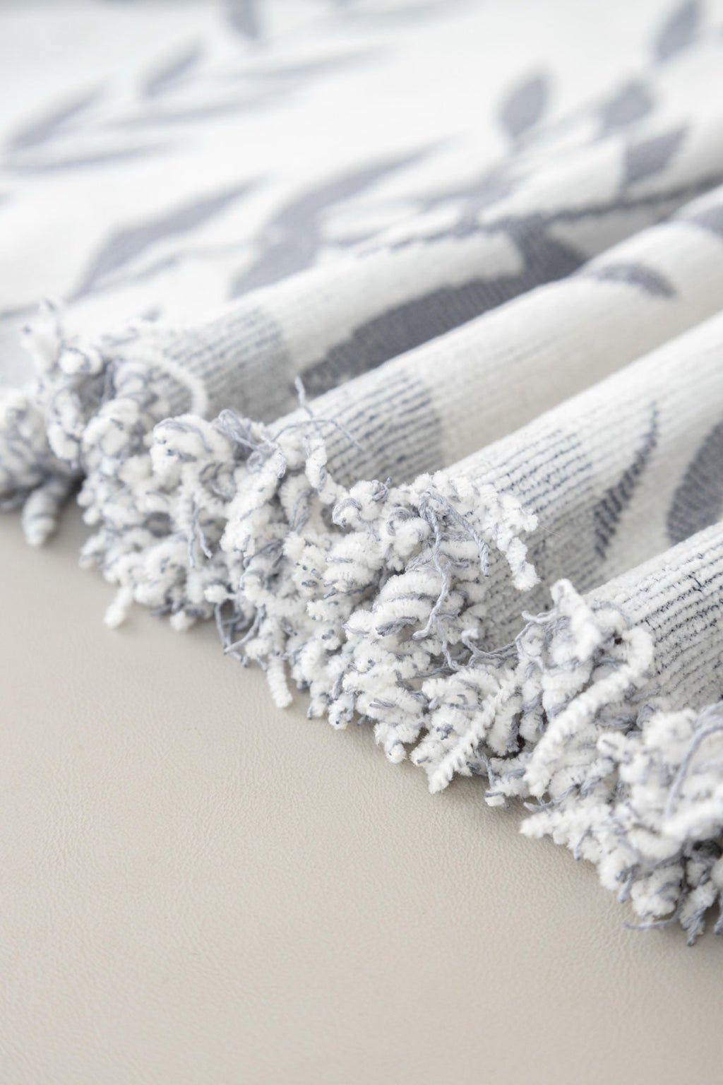 Decor Cedar Oliva Leaf Fringe Sofa Throw Cover in Silver Leaf - leaf pattern sofa throw cover fabric and edge detail in United States, image 14