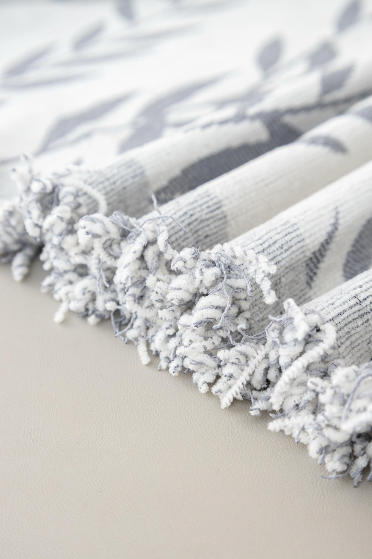 Decor Cedar Oliva Leaf Fringe Sofa Throw Cover in Silver Leaf - leaf pattern sofa throw cover fabric and edge detail in United States, image 14