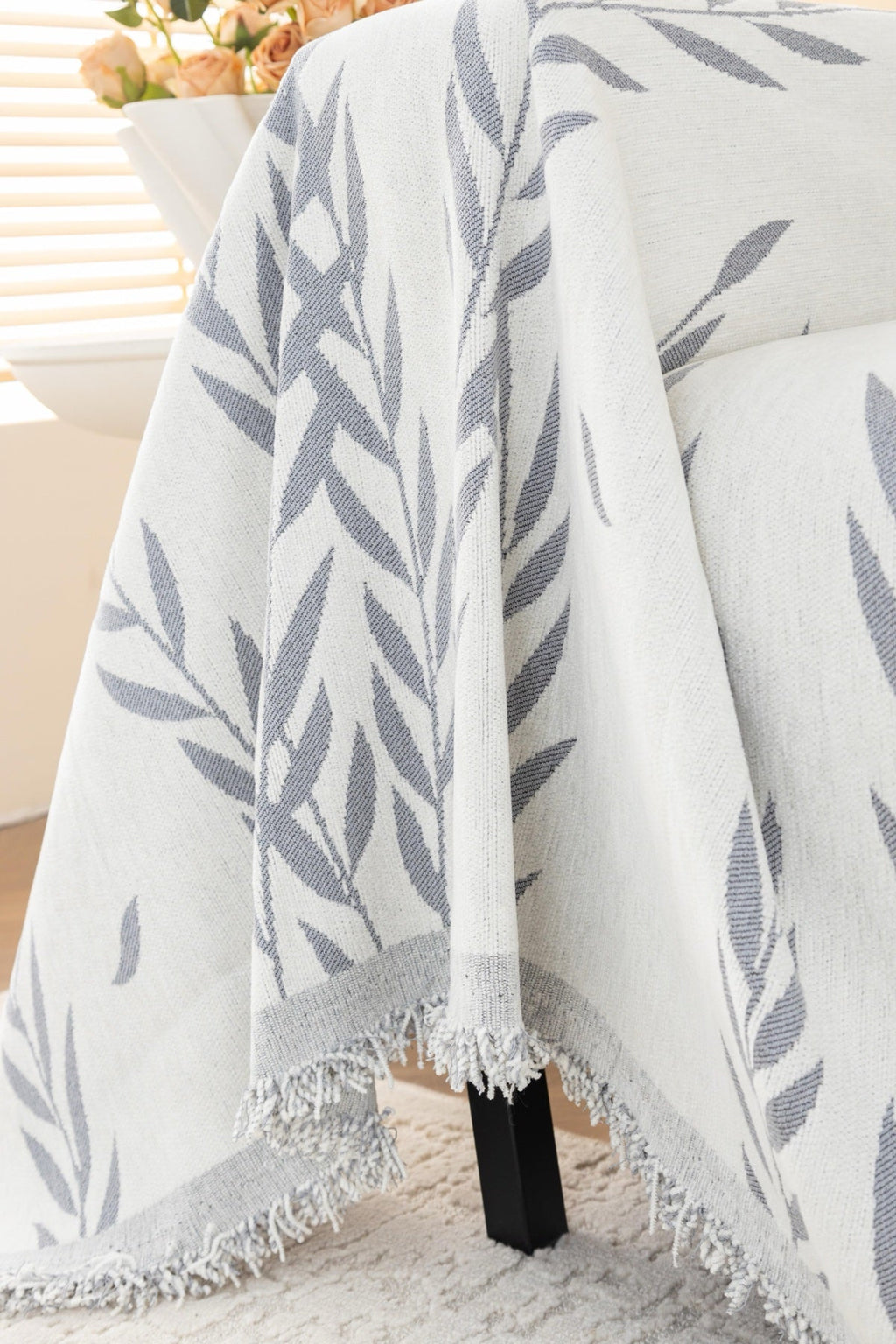 Decor Cedar Oliva Leaf Fringe Sofa Throw Cover in Silver Leaf - leaf pattern sofa throw cover styled couch cover in United States, image 19