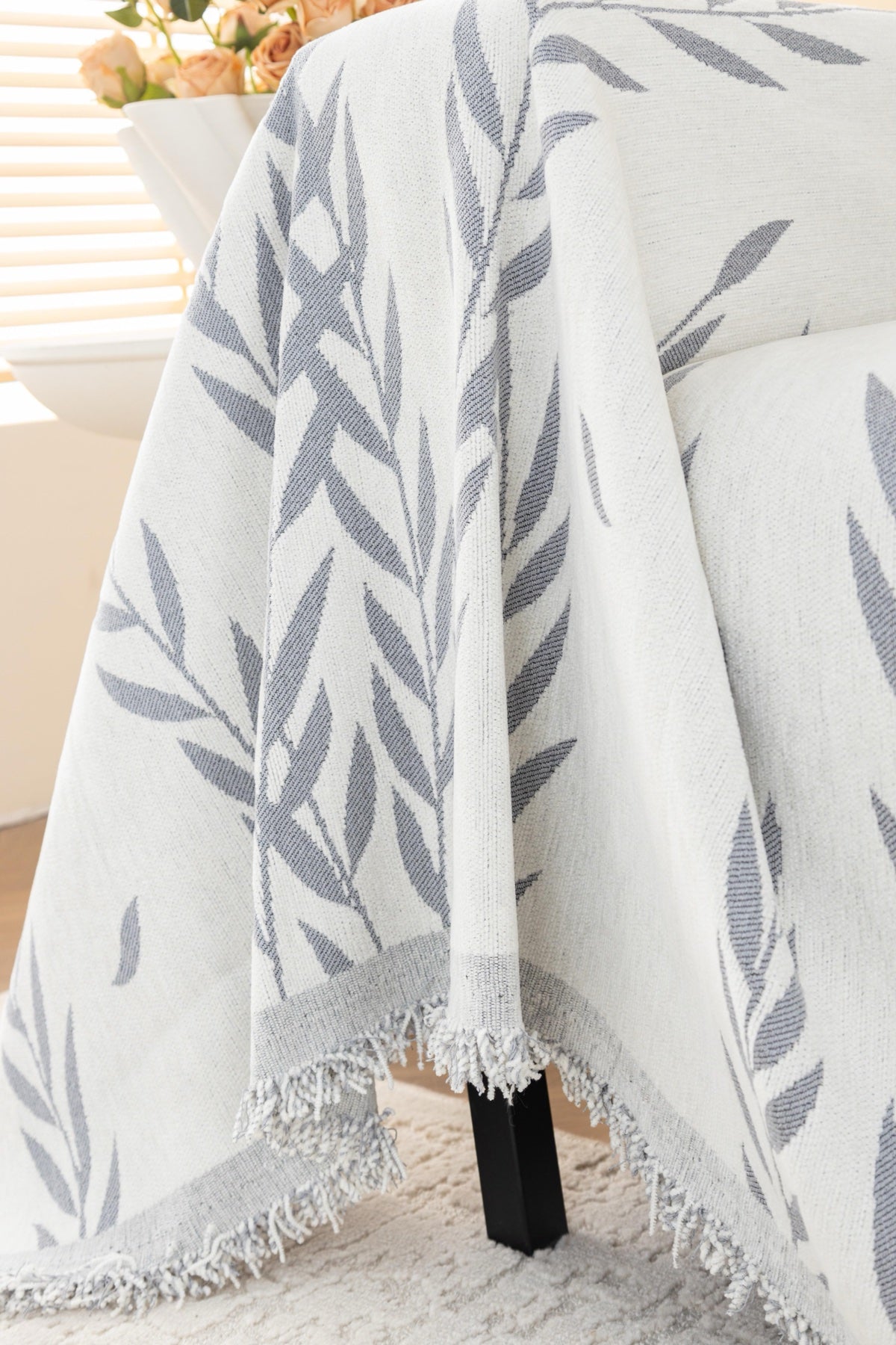 Decor Cedar Oliva Leaf Fringe Sofa Throw Cover in Silver Leaf - leaf pattern sofa throw cover styled couch cover in United States, image 19