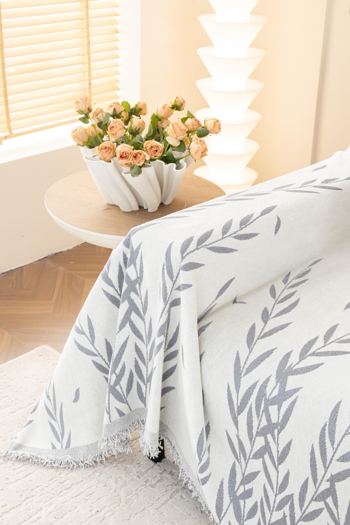 Decor Cedar Oliva Leaf Fringe Sofa Throw Cover in Silver Leaf - leaf pattern sofa throw cover styled couch cover in United States, image 20