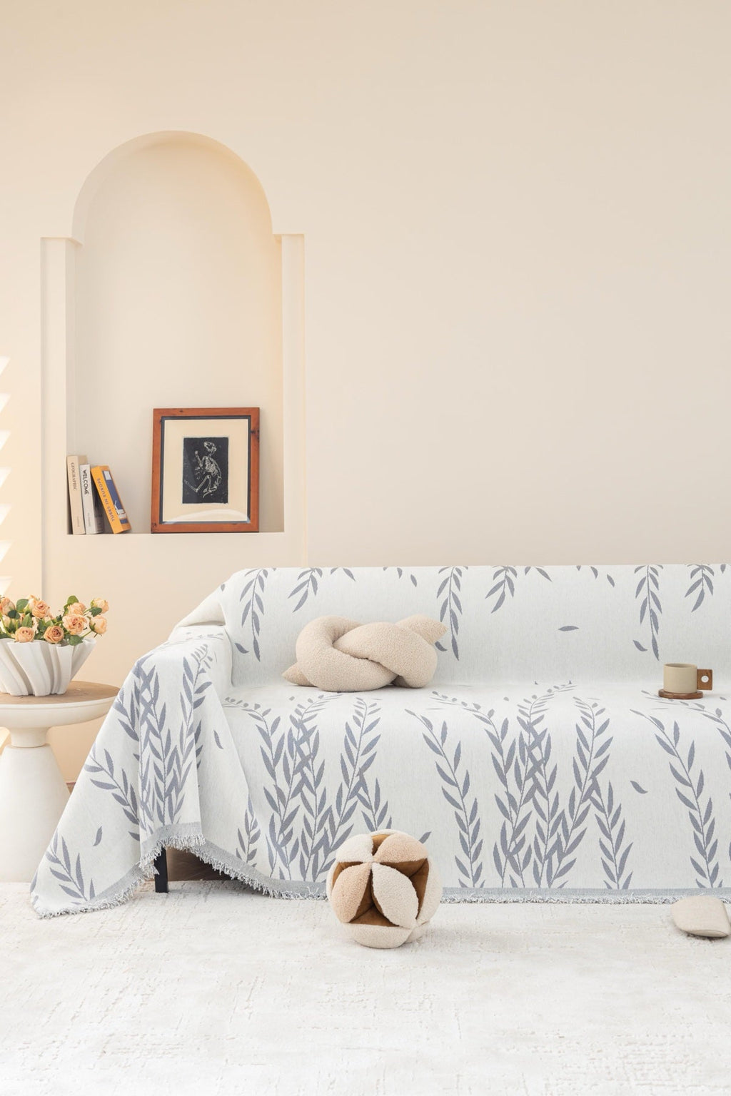 Decor Cedar Oliva Leaf Fringe Sofa Throw Cover in Silver Leaf - leaf pattern sofa throw cover styled couch cover in United States, image 27