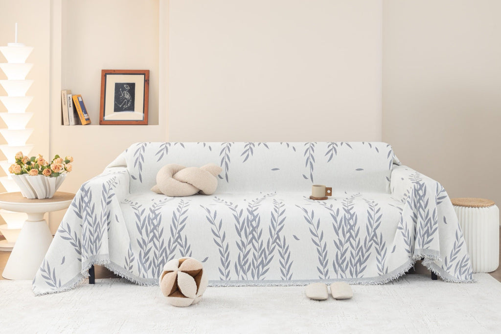 Decor Cedar Oliva Leaf Fringe Sofa Throw Cover in Silver Leaf - leaf pattern sofa throw cover full sofa styling in United States, image 28