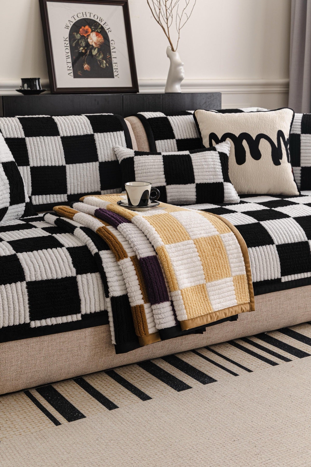 Decor Cedar Palermo Checker Chenille Sofa Cover Piece in Black Cream - layered piece styling view for checker chenille sofa cover pieces in United States, image 65
