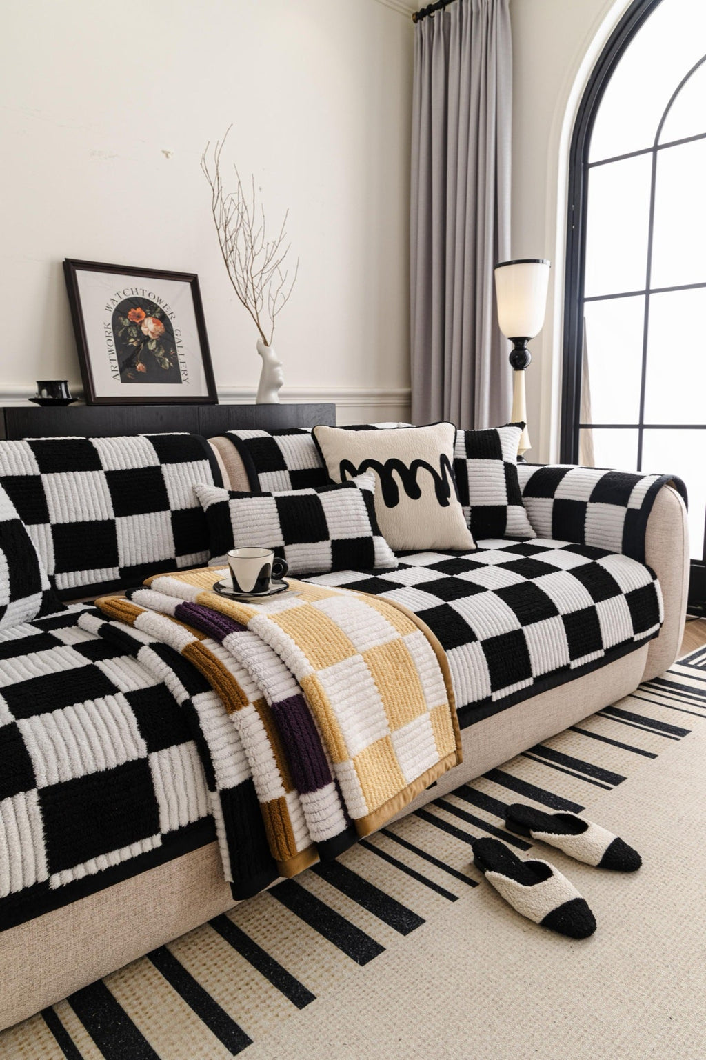 Decor Cedar Palermo Checker Chenille Sofa Cover Piece in Black Cream - layered piece styling view for checker chenille sofa cover pieces in United States, image 66