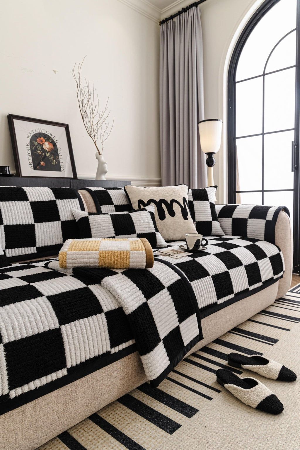 Decor Cedar Palermo Checker Chenille Sofa Cover Piece in Black Cream - layered piece styling view for checker chenille sofa cover pieces in United States, image 67