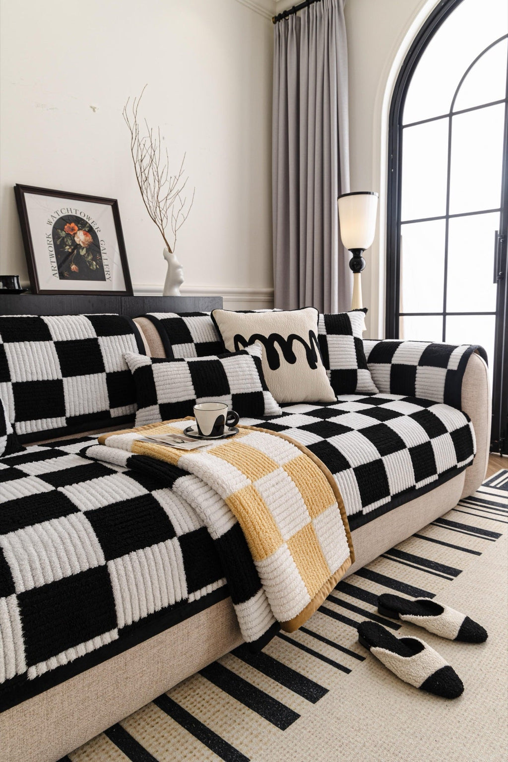 Decor Cedar Palermo Checker Chenille Sofa Cover Piece in Black Cream - layered piece styling view for checker chenille sofa cover pieces in United States, image 68