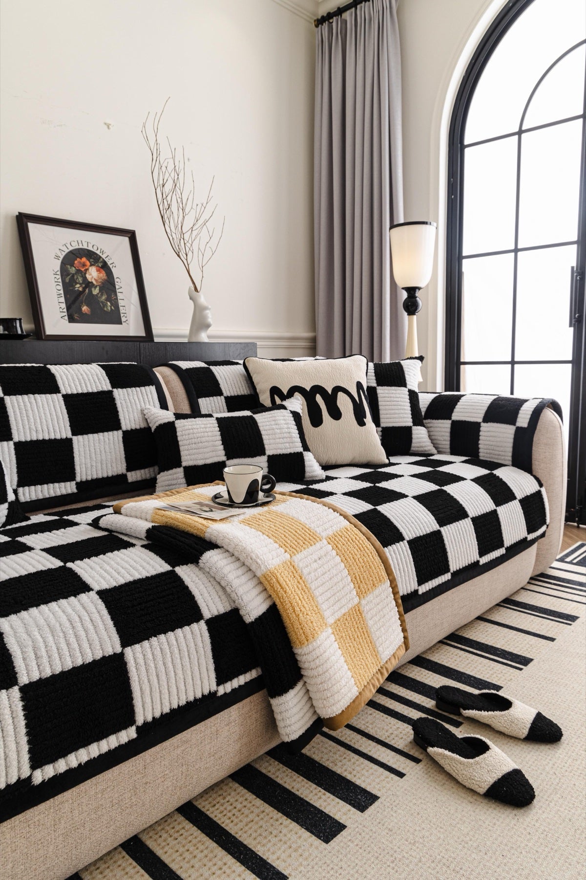 Decor Cedar Palermo Checker Chenille Sofa Cover Piece in Black Cream - layered piece styling view for checker chenille sofa cover pieces in United States, image 68