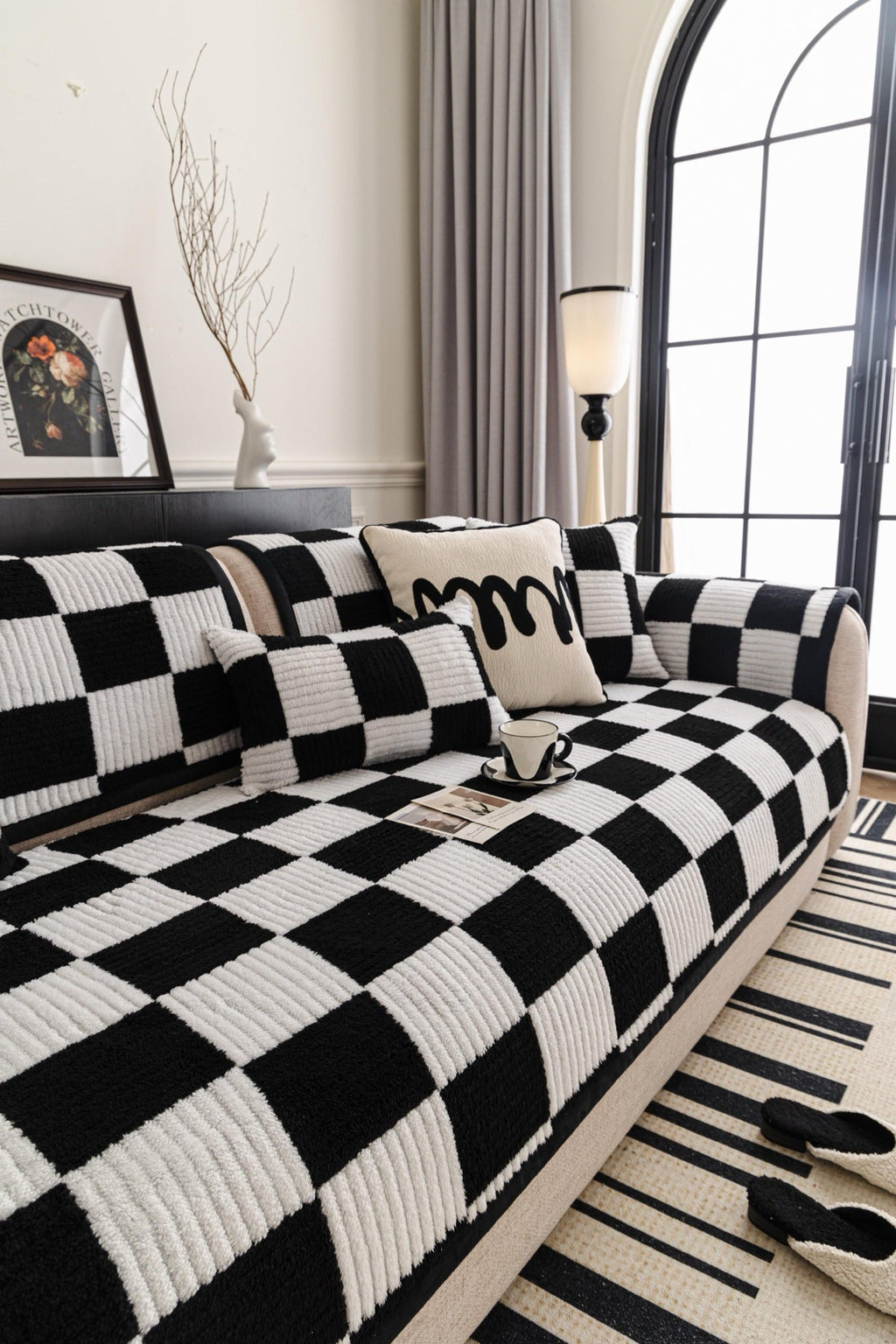 Decor Cedar Palermo Checker Chenille Sofa Cover Piece in Black Cream - styled checker sofa cover piece for checker chenille sofa cover pieces in United States, image 59