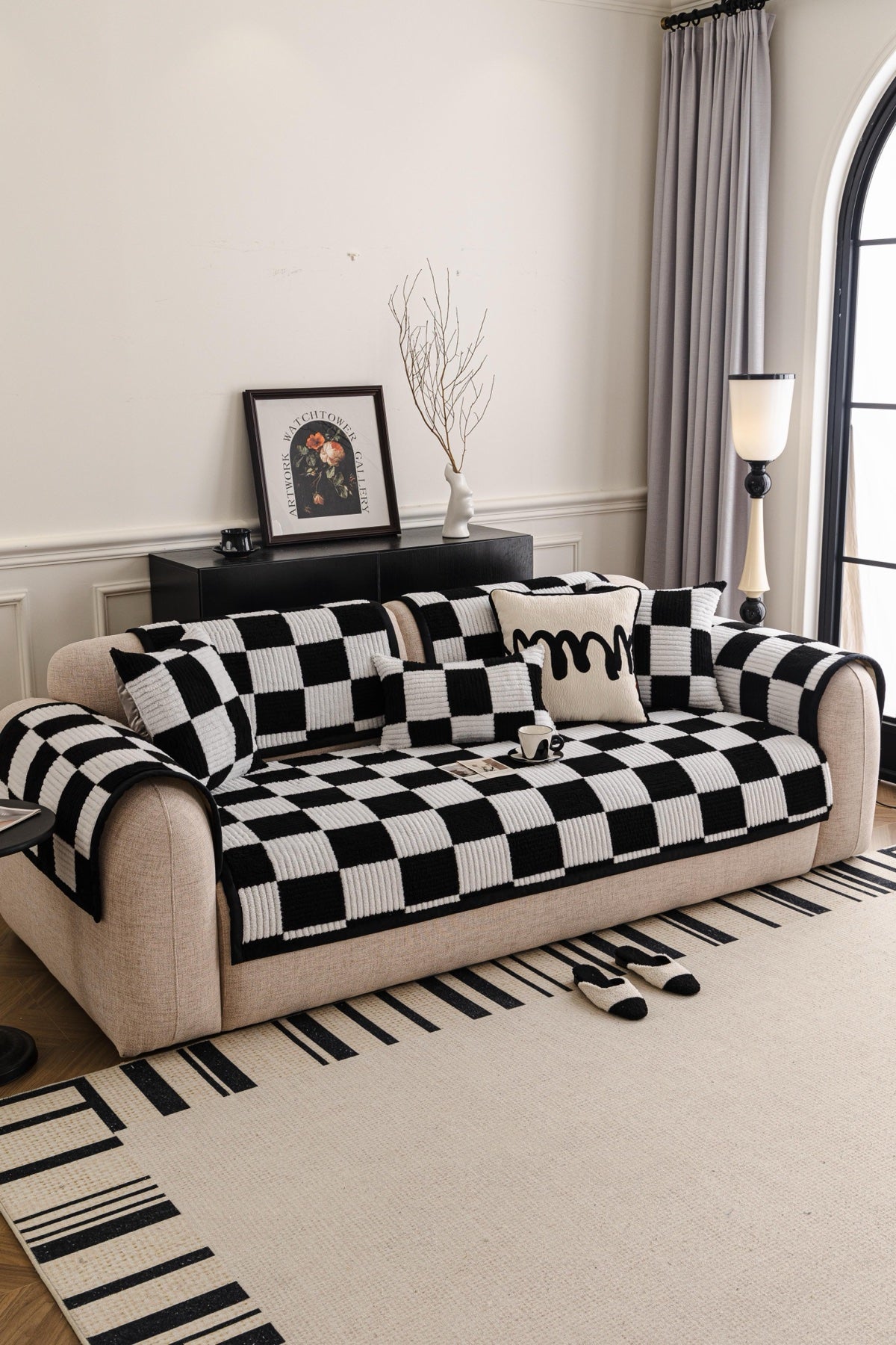 Decor Cedar Palermo Checker Chenille Sofa Cover Piece in Black Cream - front sofa fit view for checker chenille sofa cover pieces in United States, image 56