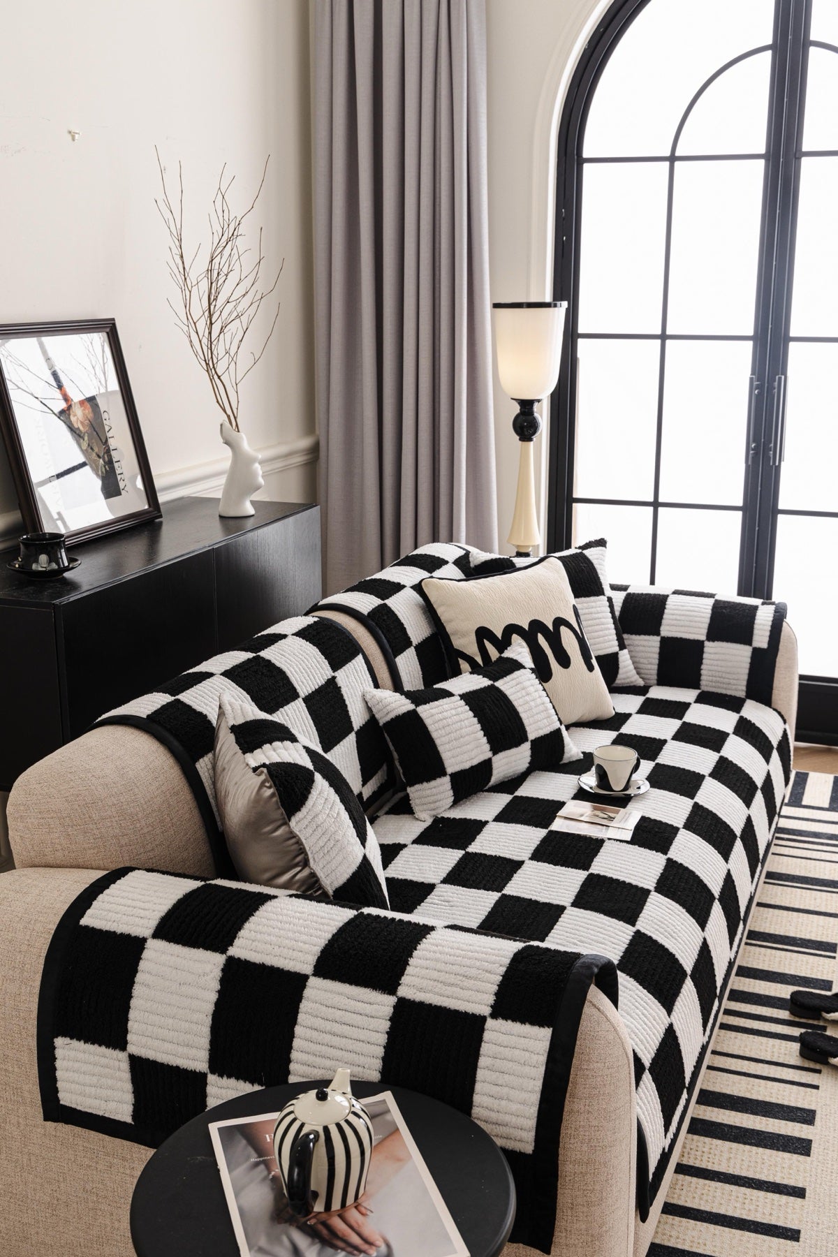Decor Cedar Palermo Checker Chenille Sofa Cover Piece in Black Cream - styled checker sofa cover piece for checker chenille sofa cover pieces in United States, image 61