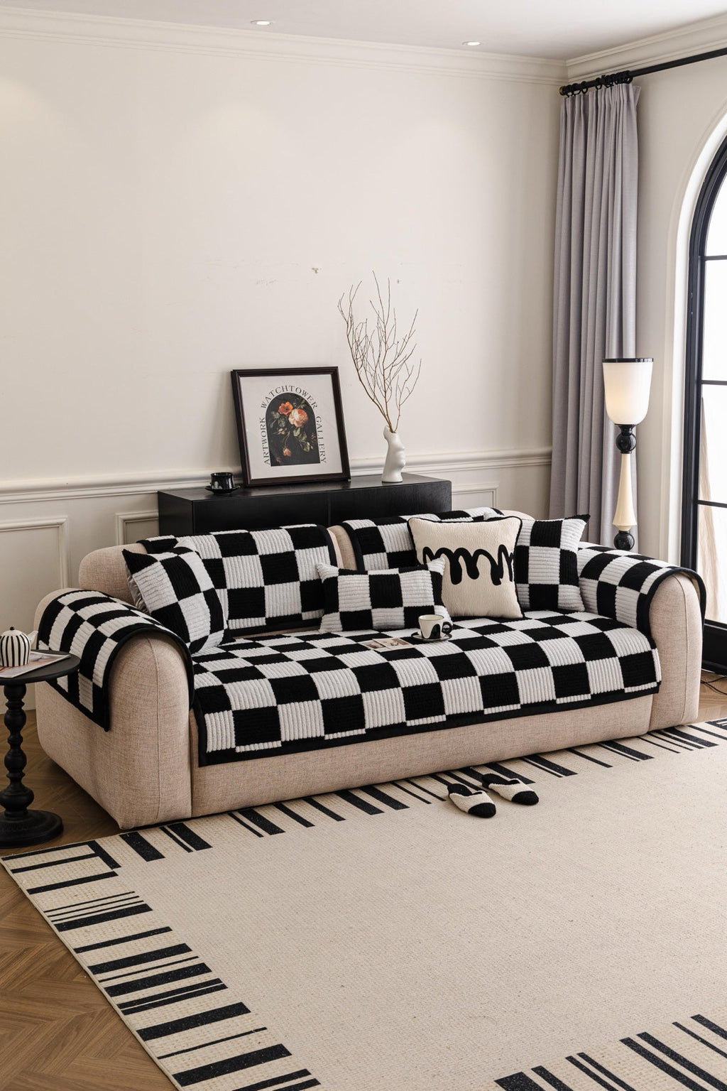 Decor Cedar Palermo Checker Chenille Sofa Cover Piece in Black Cream - styled checker sofa cover piece for checker chenille sofa cover pieces in United States, image 62