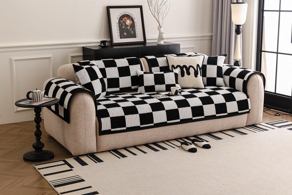 Decor Cedar Palermo Checker Chenille Sofa Cover Piece in Black Cream - front sofa fit view for checker chenille sofa cover pieces in United States, image 57