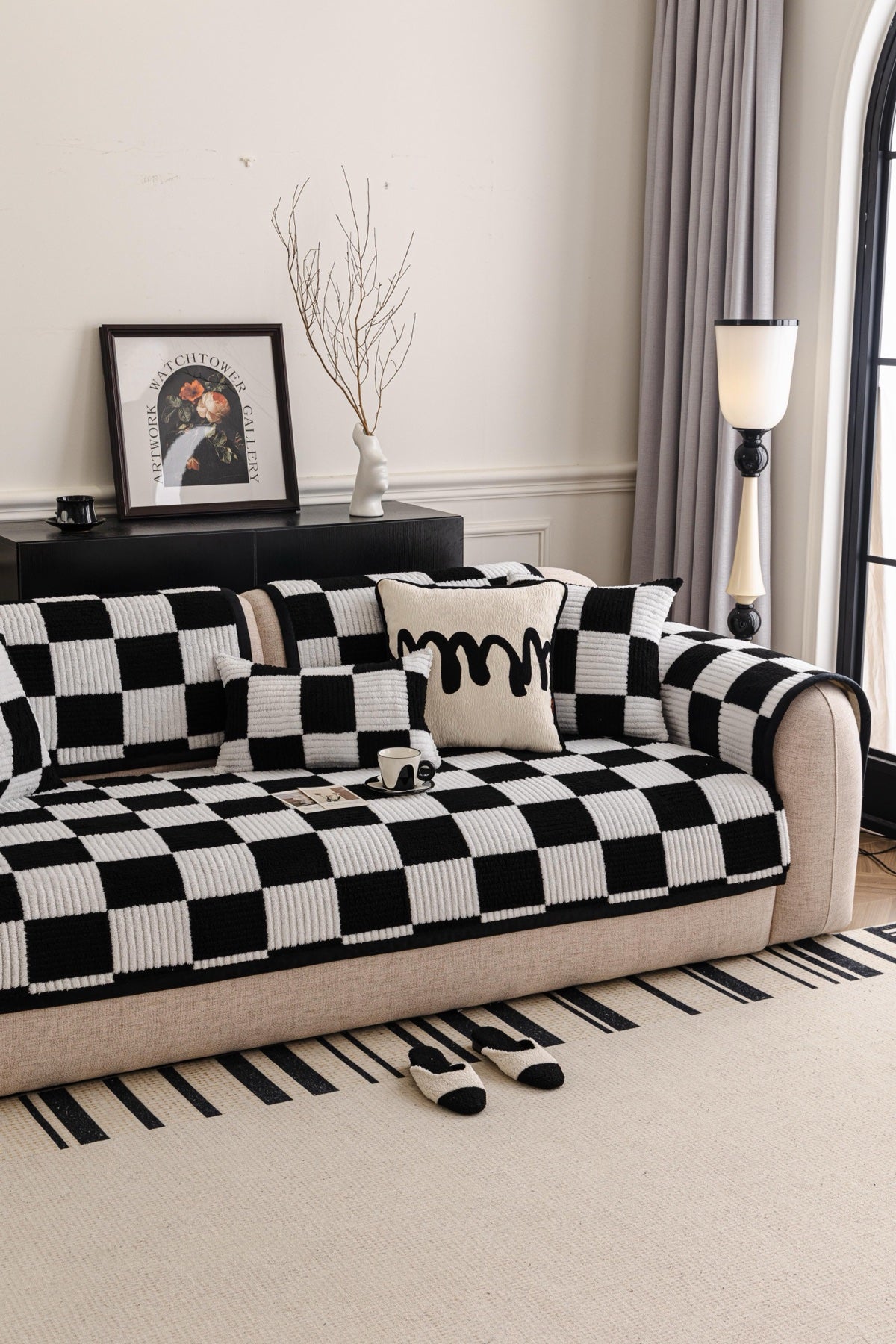 Decor Cedar Palermo Checker Chenille Sofa Cover Piece in Black Cream - styled checker sofa cover piece for checker chenille sofa cover pieces in United States, image 63