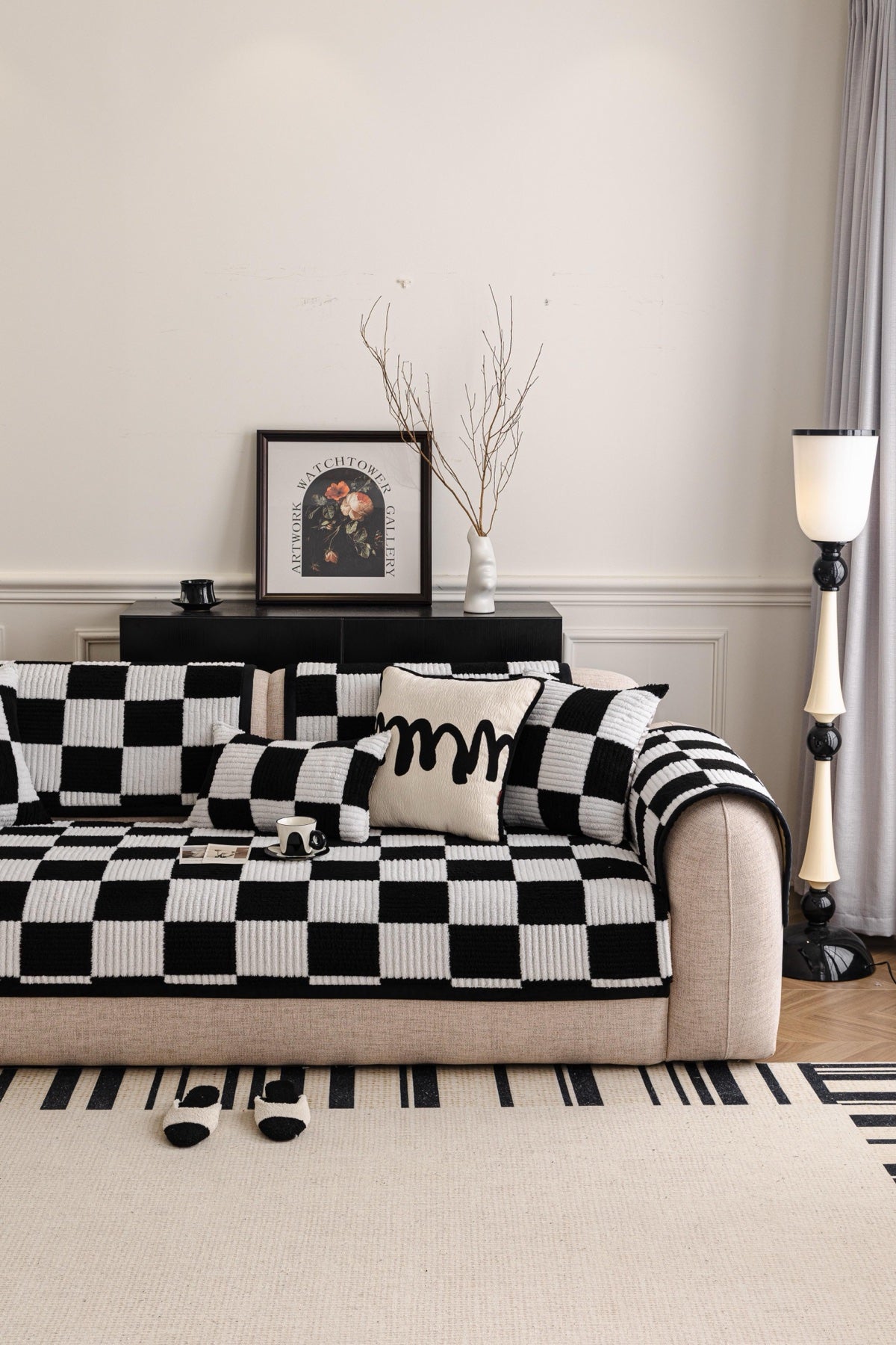 Decor Cedar Palermo Checker Chenille Sofa Cover Piece in Black Cream - styled checker sofa cover piece for checker chenille sofa cover pieces in United States, image 64