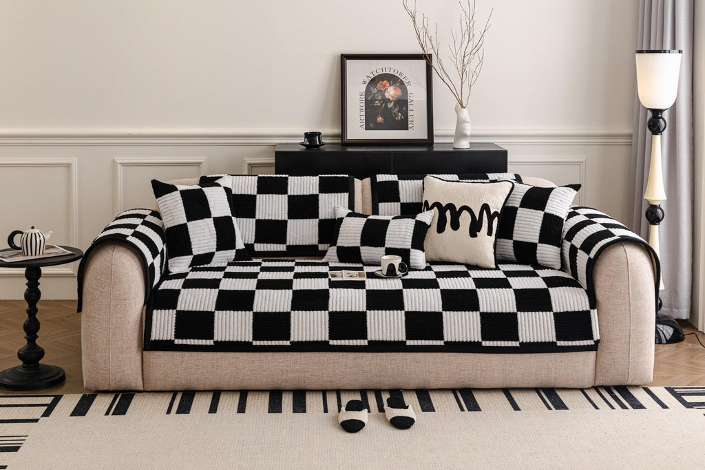Decor Cedar Palermo Checker Chenille Sofa Cover Piece in Black Cream - front sofa fit view for checker chenille sofa cover pieces in United States, image 58