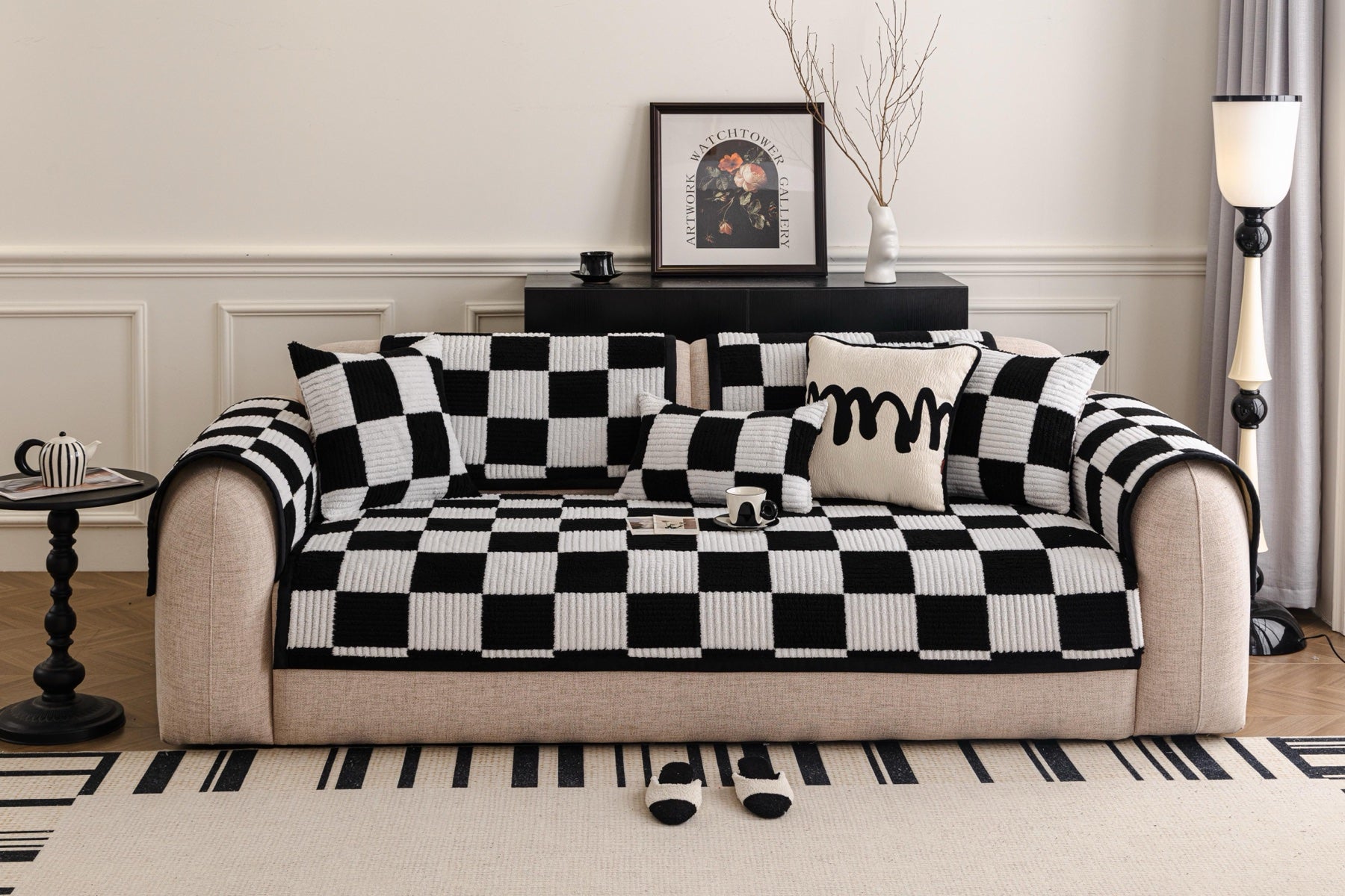Decor Cedar Palermo Checker Chenille Sofa Cover Piece in Black Cream - front sofa fit view for checker chenille sofa cover pieces in United States, image 58