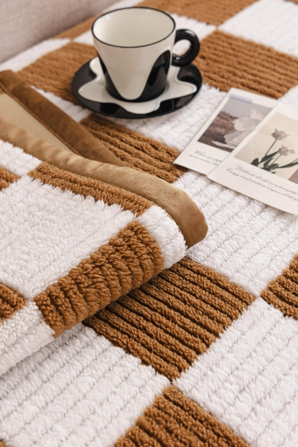 Decor Cedar Palermo Checker Chenille Sofa Cover Piece in Caramel Cream - checker chenille fabric and edge detail for checker chenille sofa cover pieces in United States, image 25