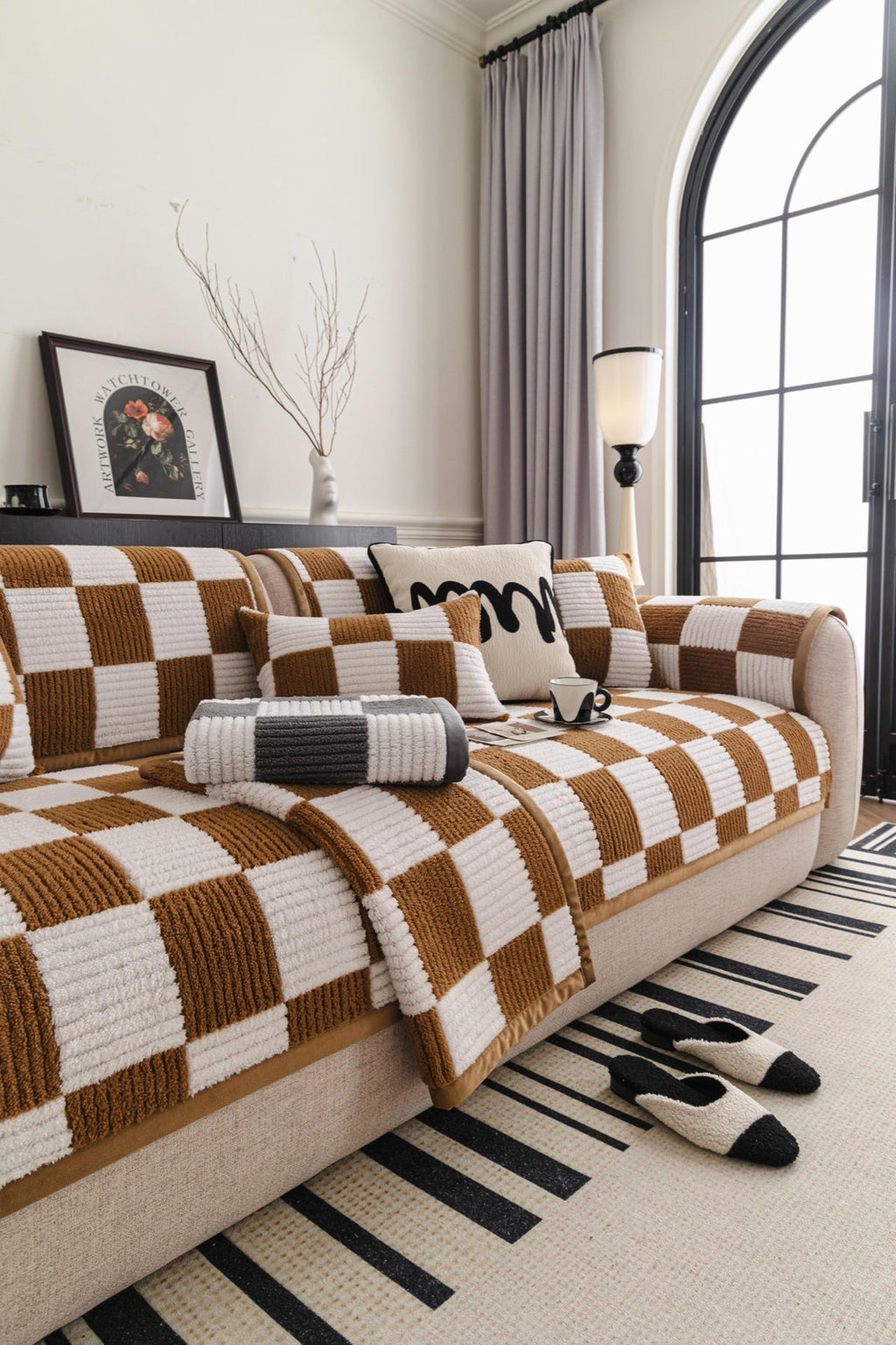Decor Cedar Palermo Checker Chenille Sofa Cover Piece in Caramel Cream - styled checker sofa cover piece for checker chenille sofa cover pieces in United States, image 17