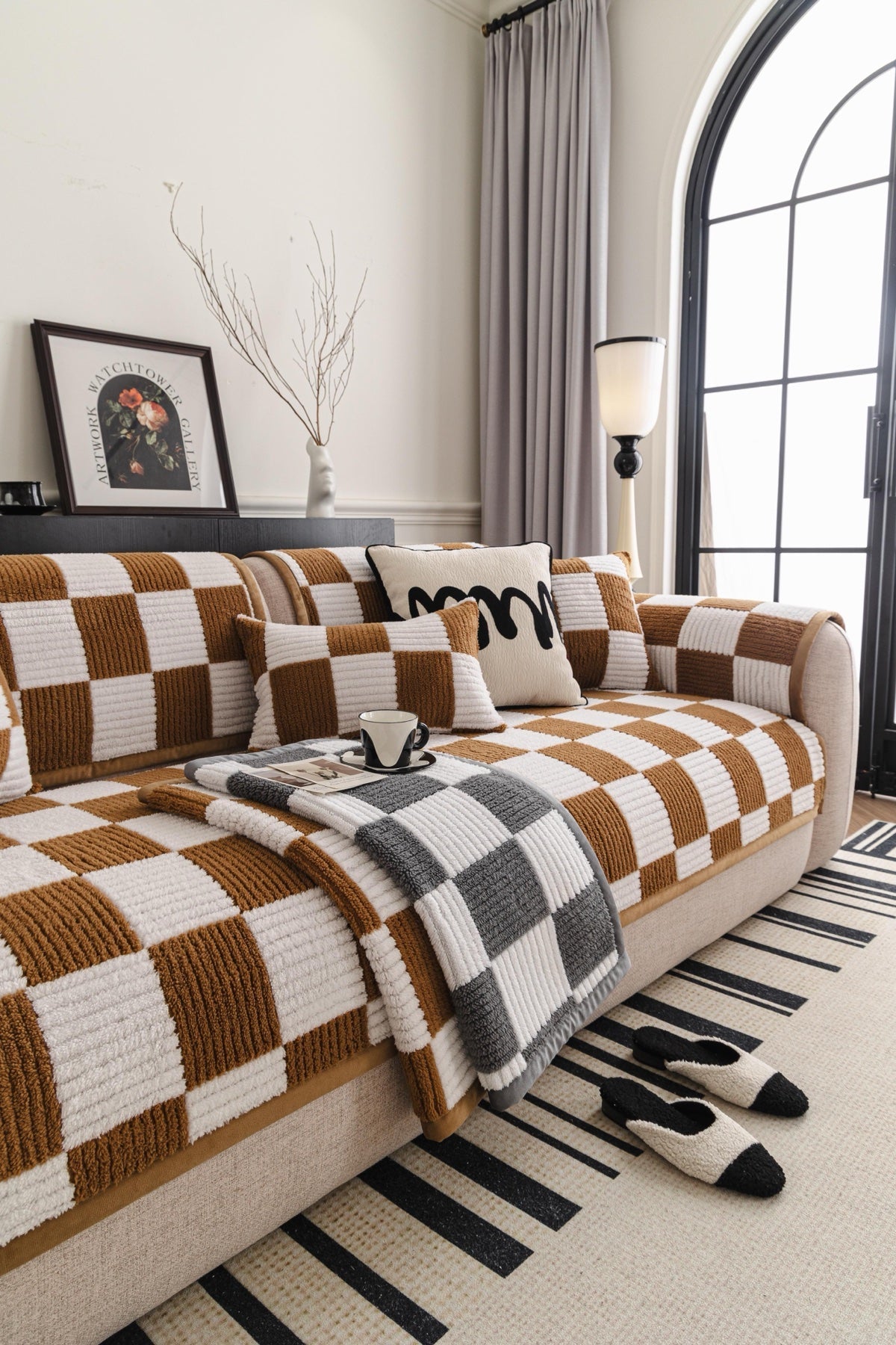 Decor Cedar Palermo Checker Chenille Sofa Cover Piece in Caramel Cream - layered piece styling view for checker chenille sofa cover pieces in United States, image 18
