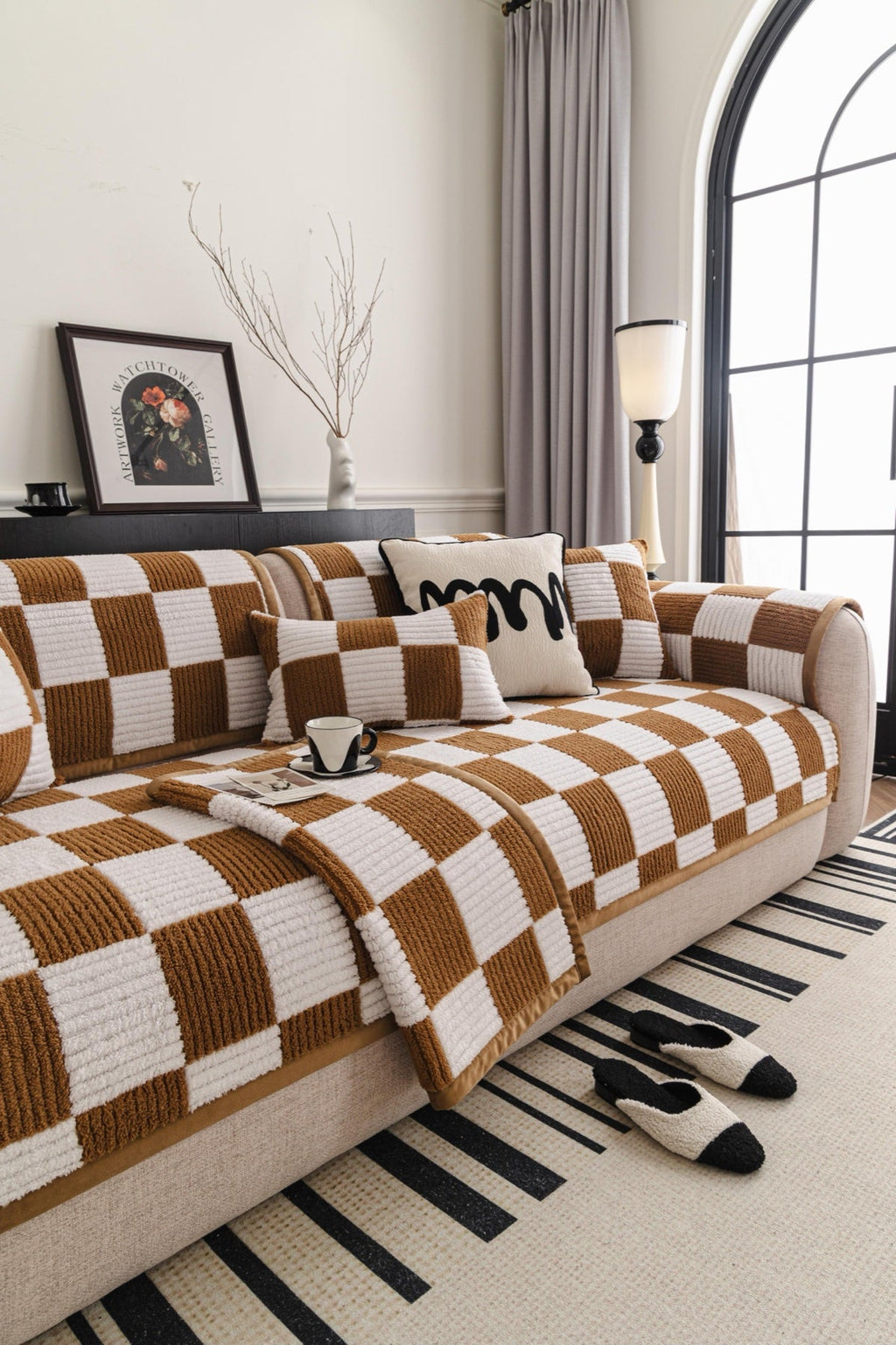 Decor Cedar Palermo Checker Chenille Sofa Cover Piece in Caramel Cream - styled checker sofa cover piece for checker chenille sofa cover pieces in United States, image 19