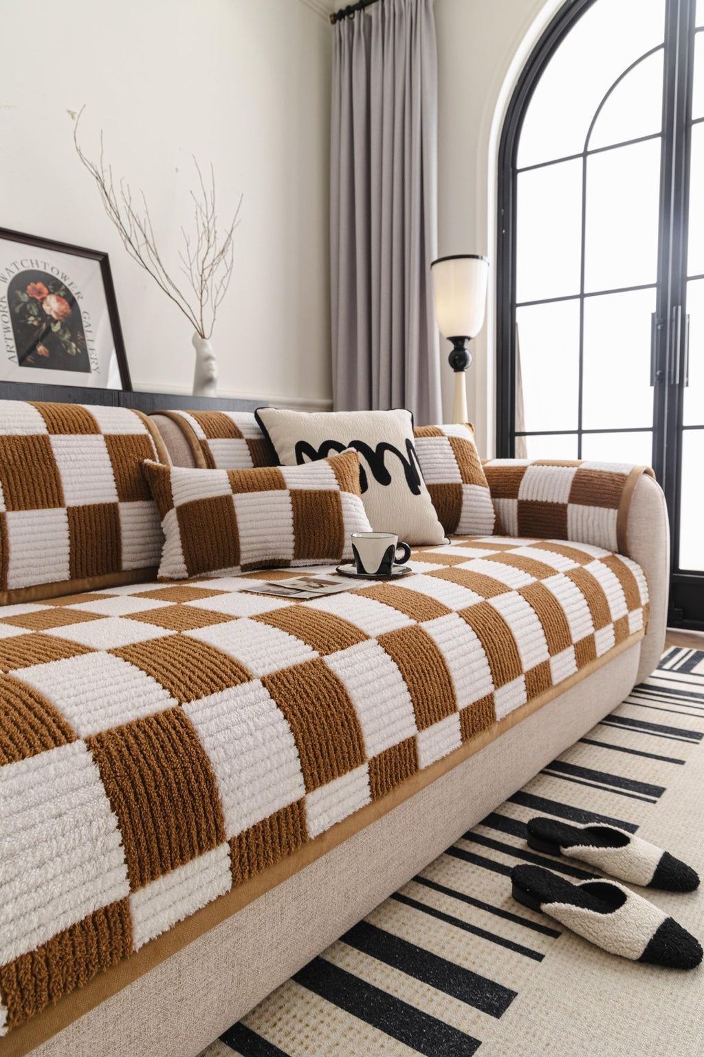 Decor Cedar Palermo Checker Chenille Sofa Cover Piece in Caramel Cream - styled checker sofa cover piece for checker chenille sofa cover pieces in United States, image 20