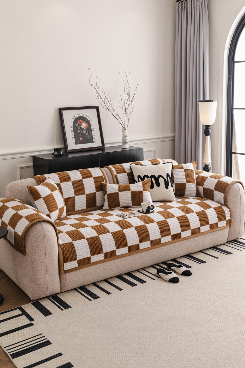 Decor Cedar Palermo Checker Chenille Sofa Cover Piece in Caramel Cream - front sofa fit view for checker chenille sofa cover pieces in United States, image 13