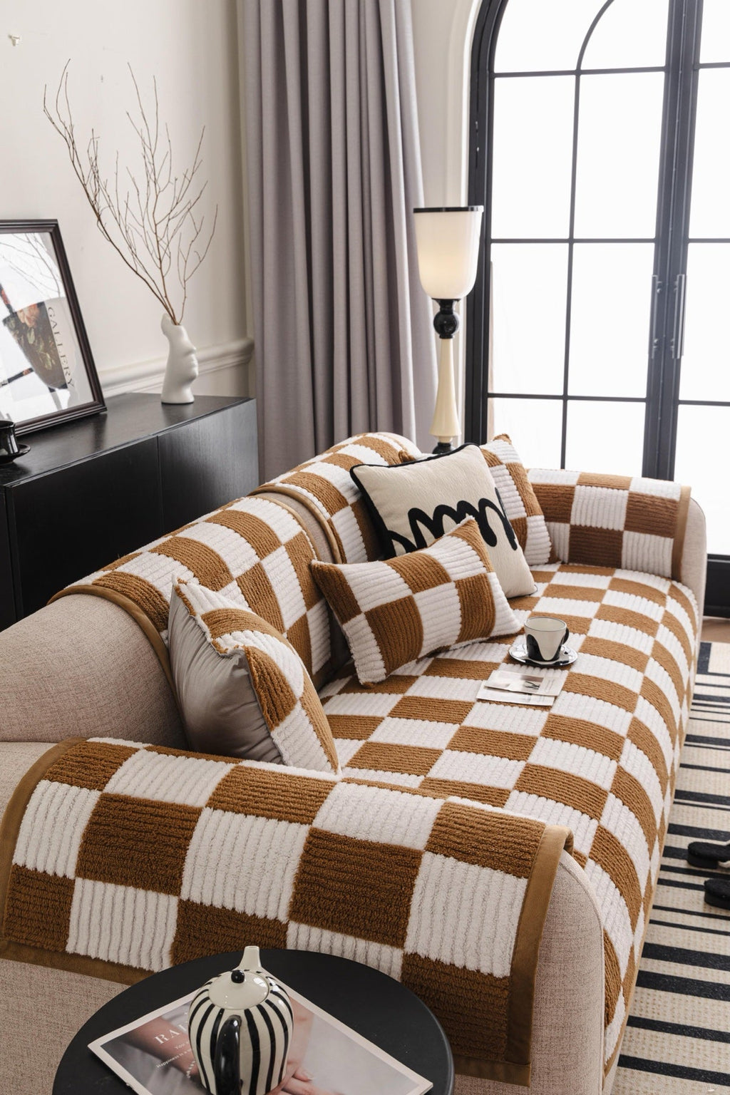 Decor Cedar Palermo Checker Chenille Sofa Cover Piece in Caramel Cream - styled checker sofa cover piece for checker chenille sofa cover pieces in United States, image 21