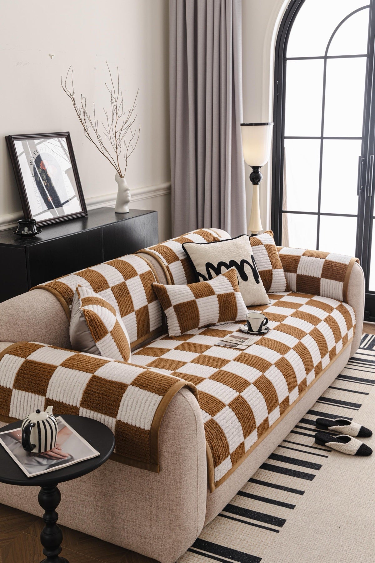 Decor Cedar Palermo Checker Chenille Sofa Cover Piece in Caramel Cream - styled checker sofa cover piece for checker chenille sofa cover pieces in United States, image 22