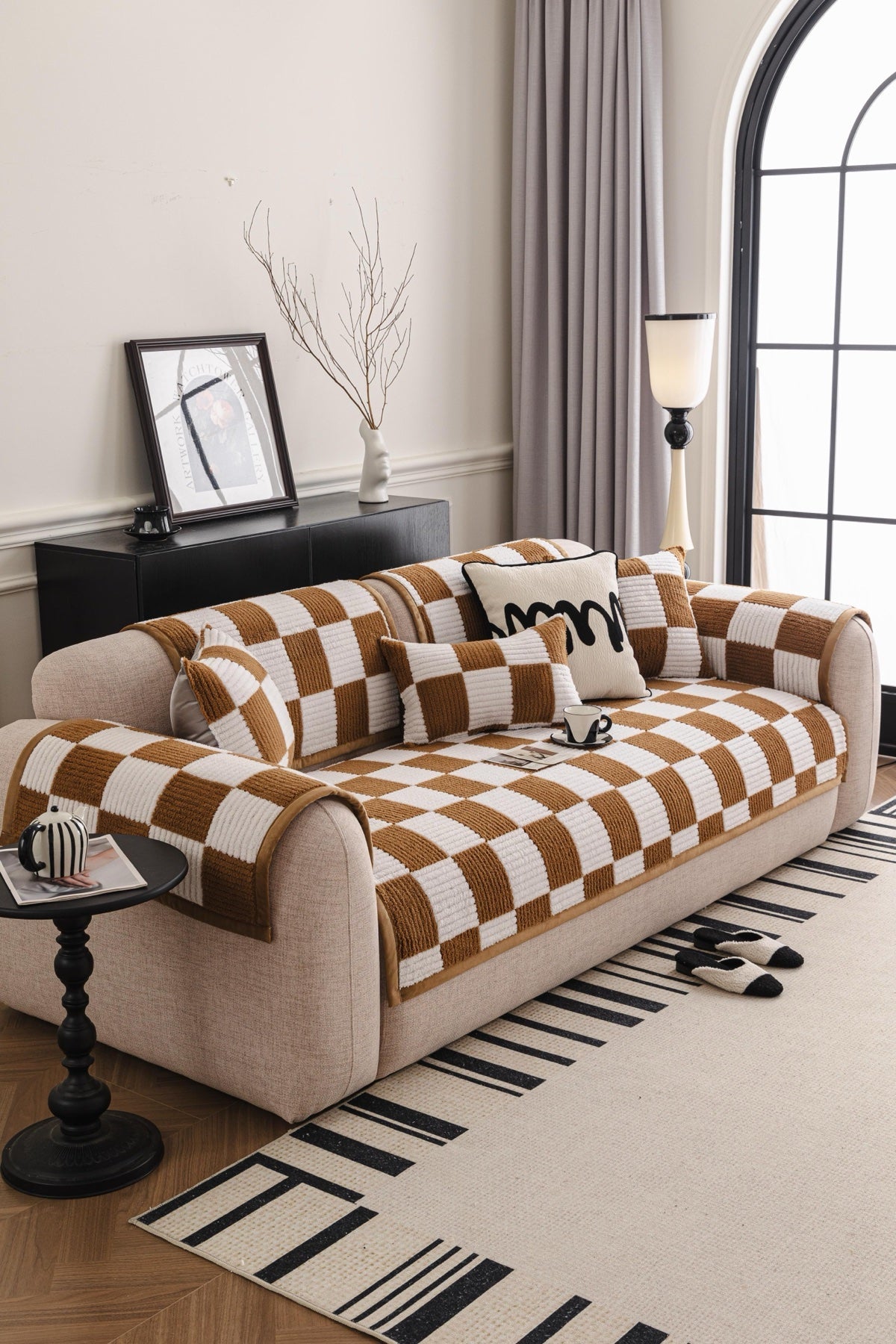 Decor Cedar Palermo Checker Chenille Sofa Cover Piece in Caramel Cream - styled checker sofa cover piece for checker chenille sofa cover pieces in United States, image 14