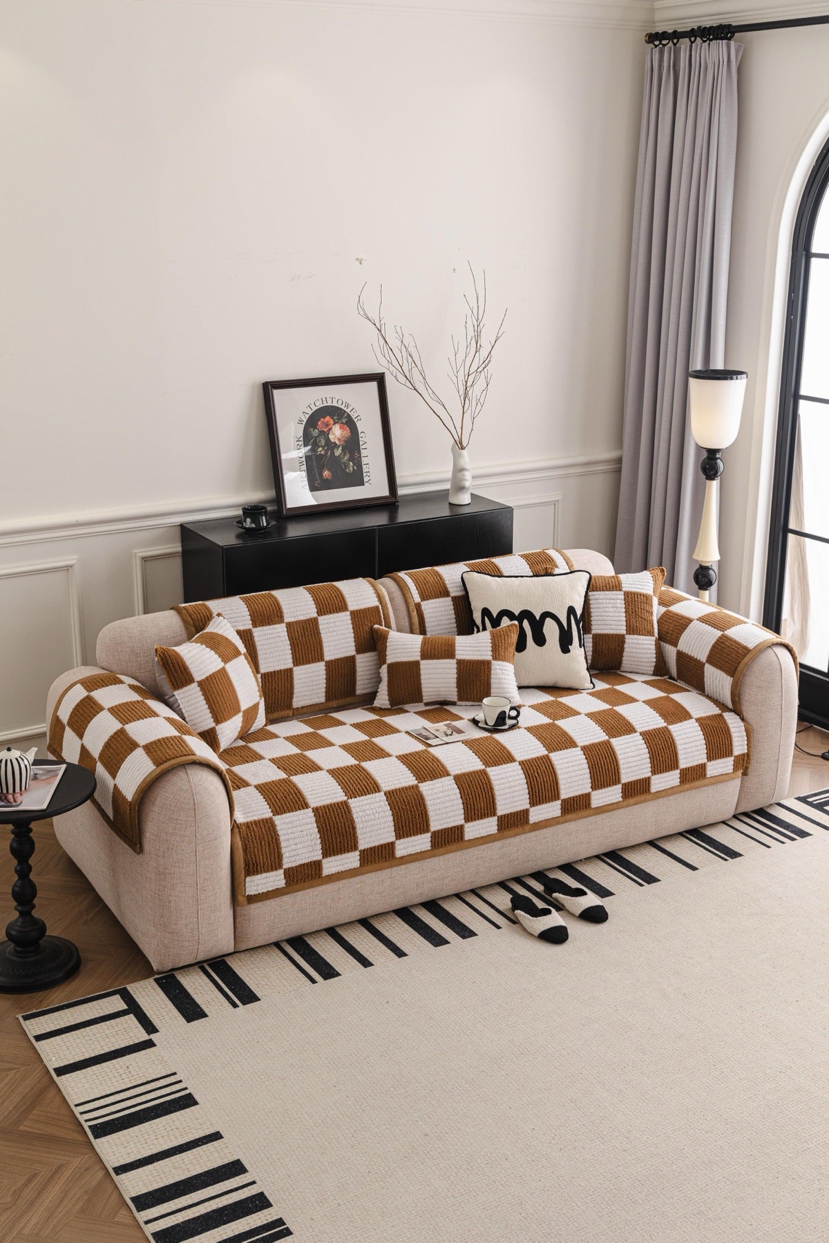 Decor Cedar Palermo Checker Chenille Sofa Cover Piece in Caramel Cream - styled checker sofa cover piece for checker chenille sofa cover pieces in United States, image 15