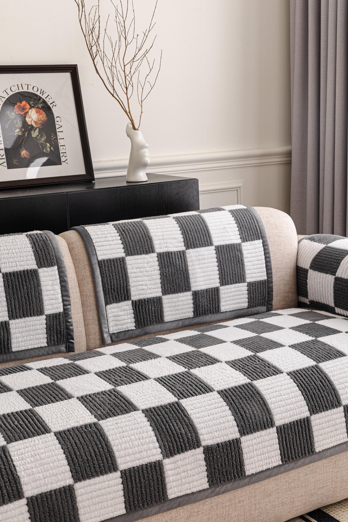 Decor Cedar Palermo Checker Chenille Sofa Cover Piece in Charcoal Cream - seat back and armrest piece layout for checker chenille sofa cover pieces in United States, image 45