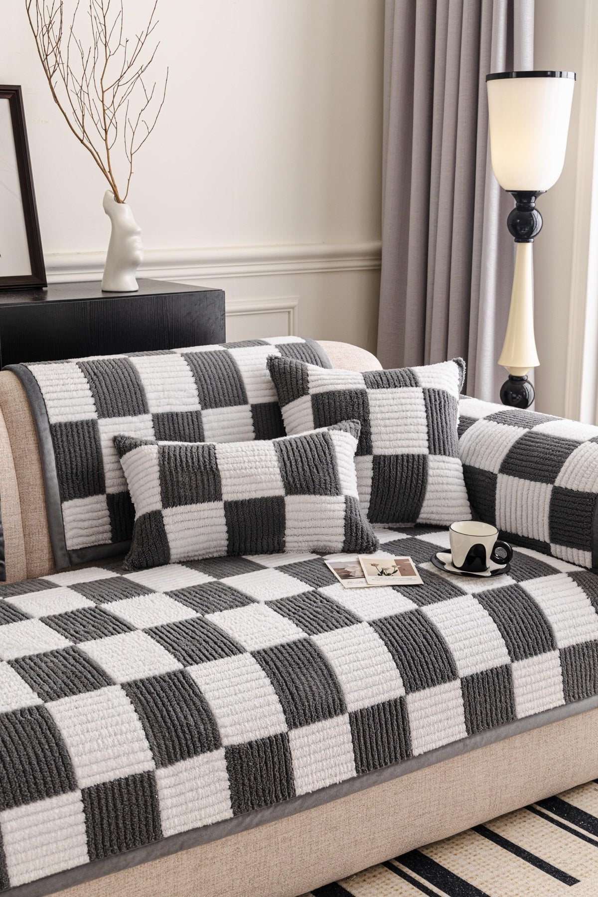 Decor Cedar Palermo Checker Chenille Sofa Cover Piece in Charcoal Cream - seat back and armrest piece layout for checker chenille sofa cover pieces in United States, image 46