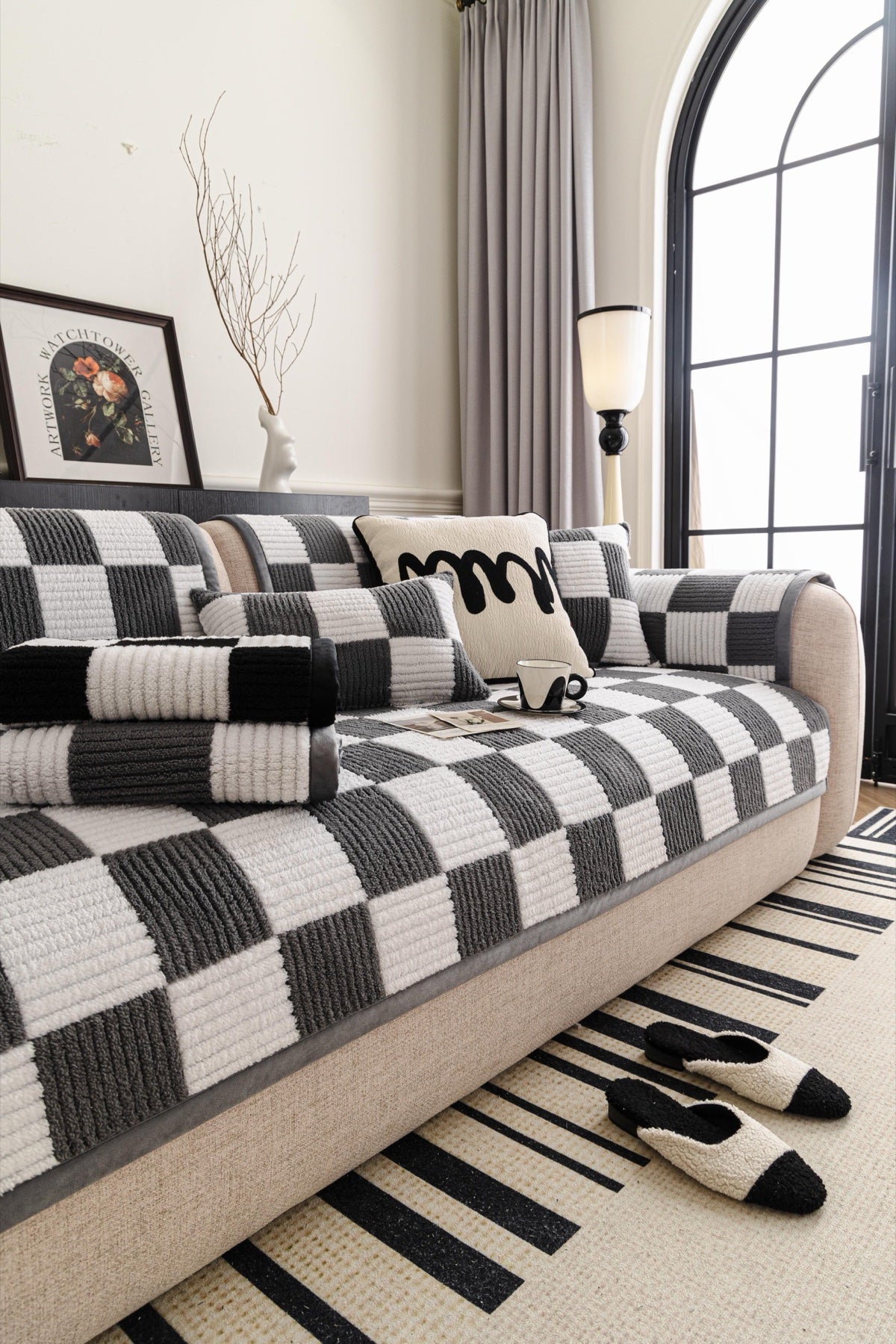 Decor Cedar Palermo Checker Chenille Sofa Cover Piece in Charcoal Cream - styled checker sofa cover piece for checker chenille sofa cover pieces in United States, image 47