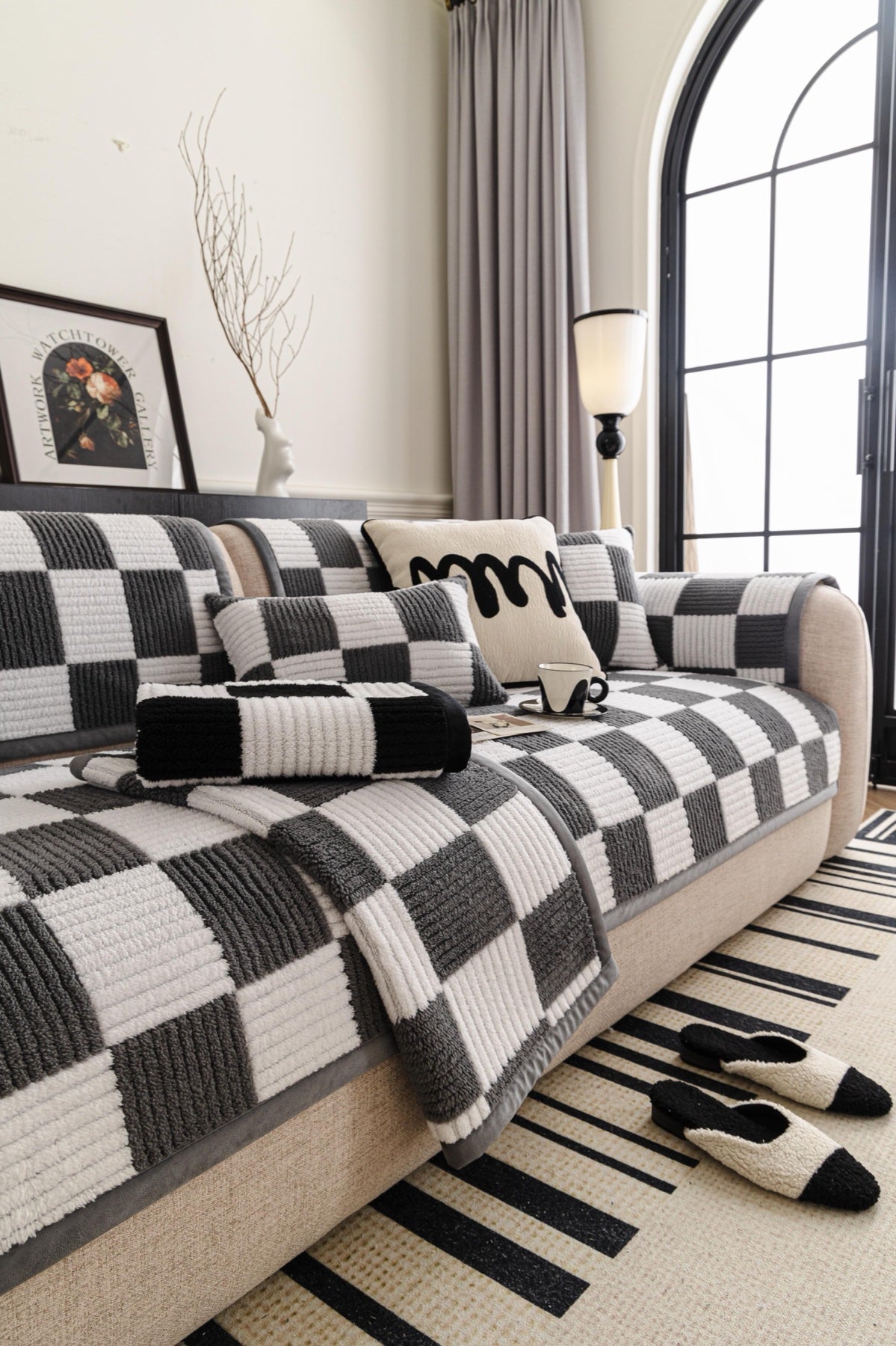 Decor Cedar Palermo Checker Chenille Sofa Cover Piece in Charcoal Cream - layered piece styling view for checker chenille sofa cover pieces in United States, image 48