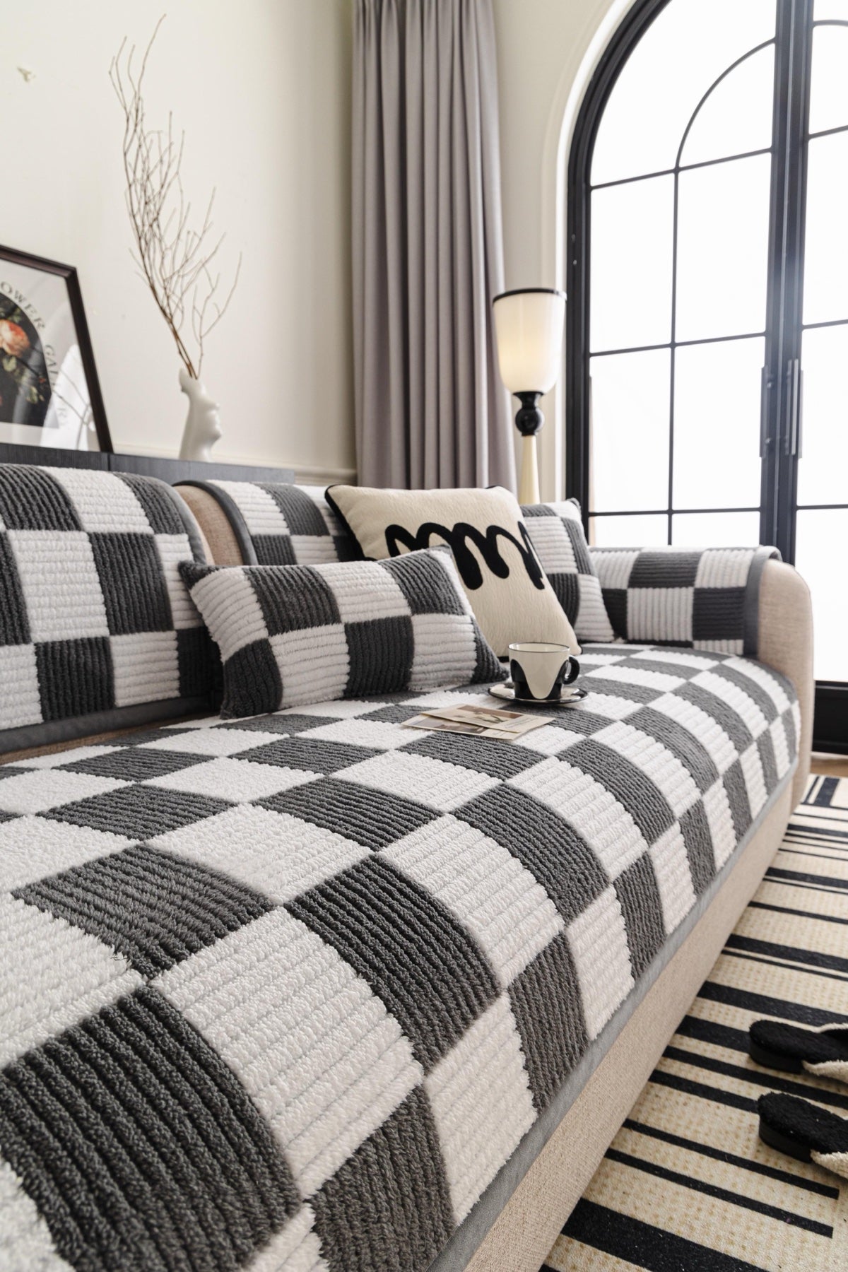 Decor Cedar Palermo Checker Chenille Sofa Cover Piece in Charcoal Cream - styled checker sofa cover piece for checker chenille sofa cover pieces in United States, image 49