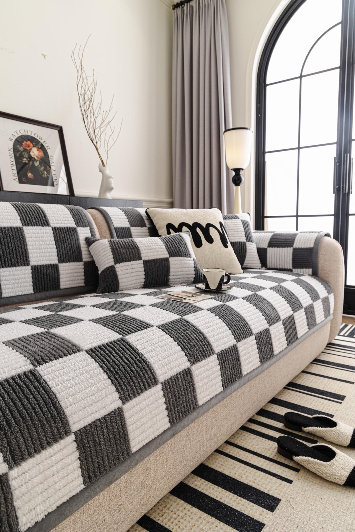 Decor Cedar Palermo Checker Chenille Sofa Cover Piece in Charcoal Cream - styled checker sofa cover piece for checker chenille sofa cover pieces in United States, image 50