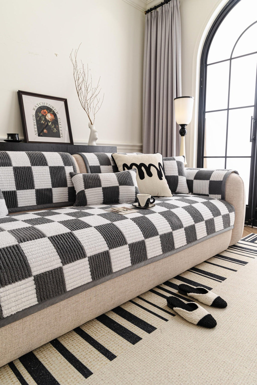 Decor Cedar Palermo Checker Chenille Sofa Cover Piece in Charcoal Cream - styled checker sofa cover piece for checker chenille sofa cover pieces in United States, image 51
