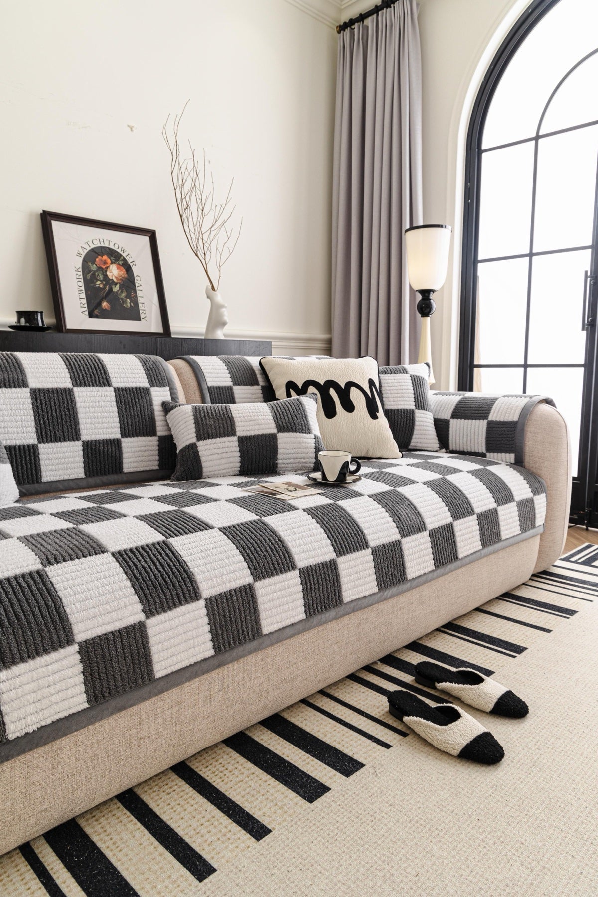 Decor Cedar Palermo Checker Chenille Sofa Cover Piece in Charcoal Cream - styled checker sofa cover piece for checker chenille sofa cover pieces in United States, image 51