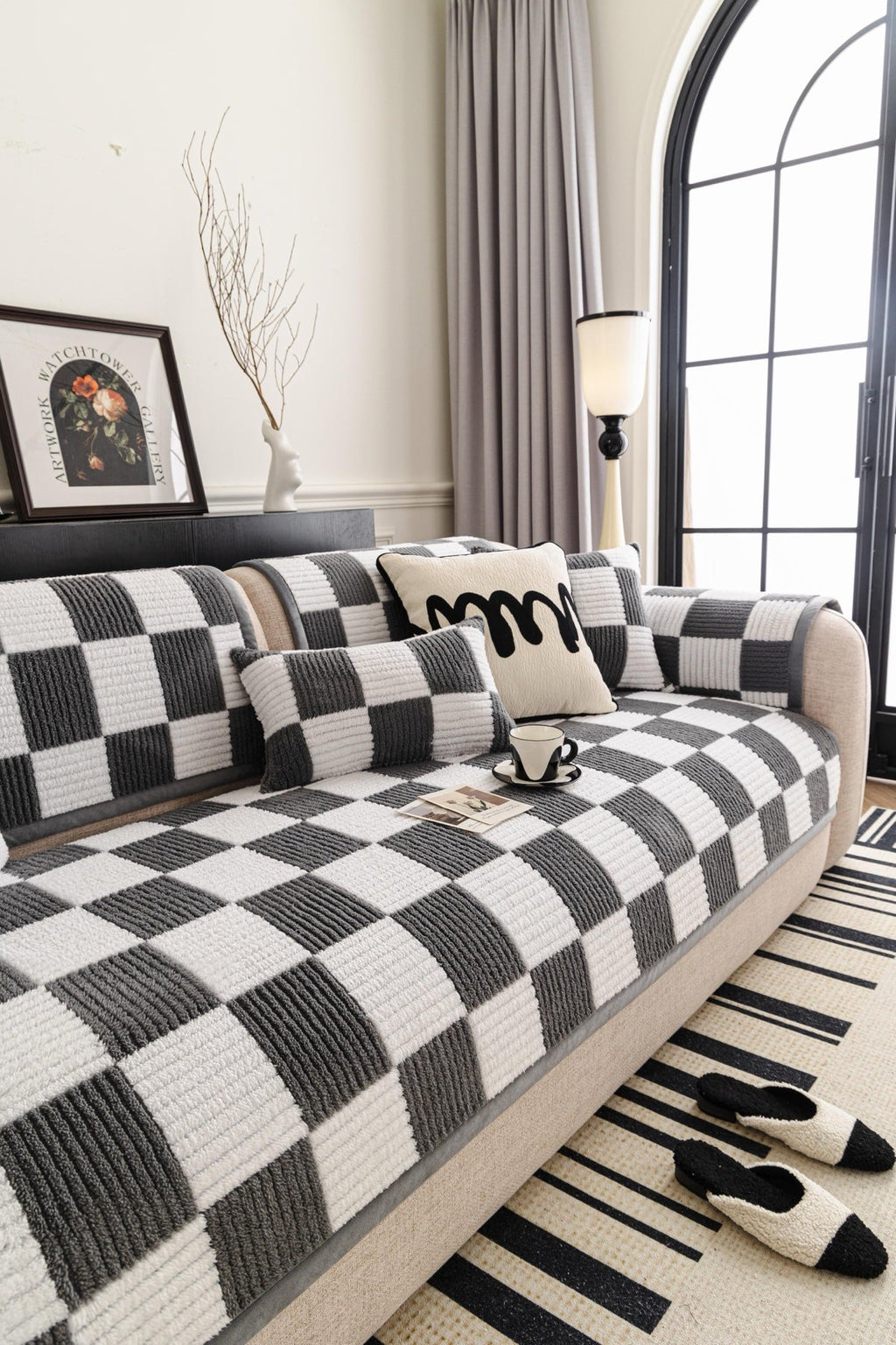 Decor Cedar Palermo Checker Chenille Sofa Cover Piece in Charcoal Cream - styled checker sofa cover piece for checker chenille sofa cover pieces in United States, image 52