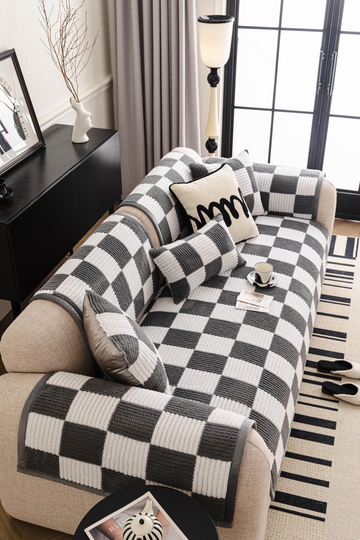 Decor Cedar Palermo Checker Chenille Sofa Cover Piece in Charcoal Cream - styled checker sofa cover piece for checker chenille sofa cover pieces in United States, image 53