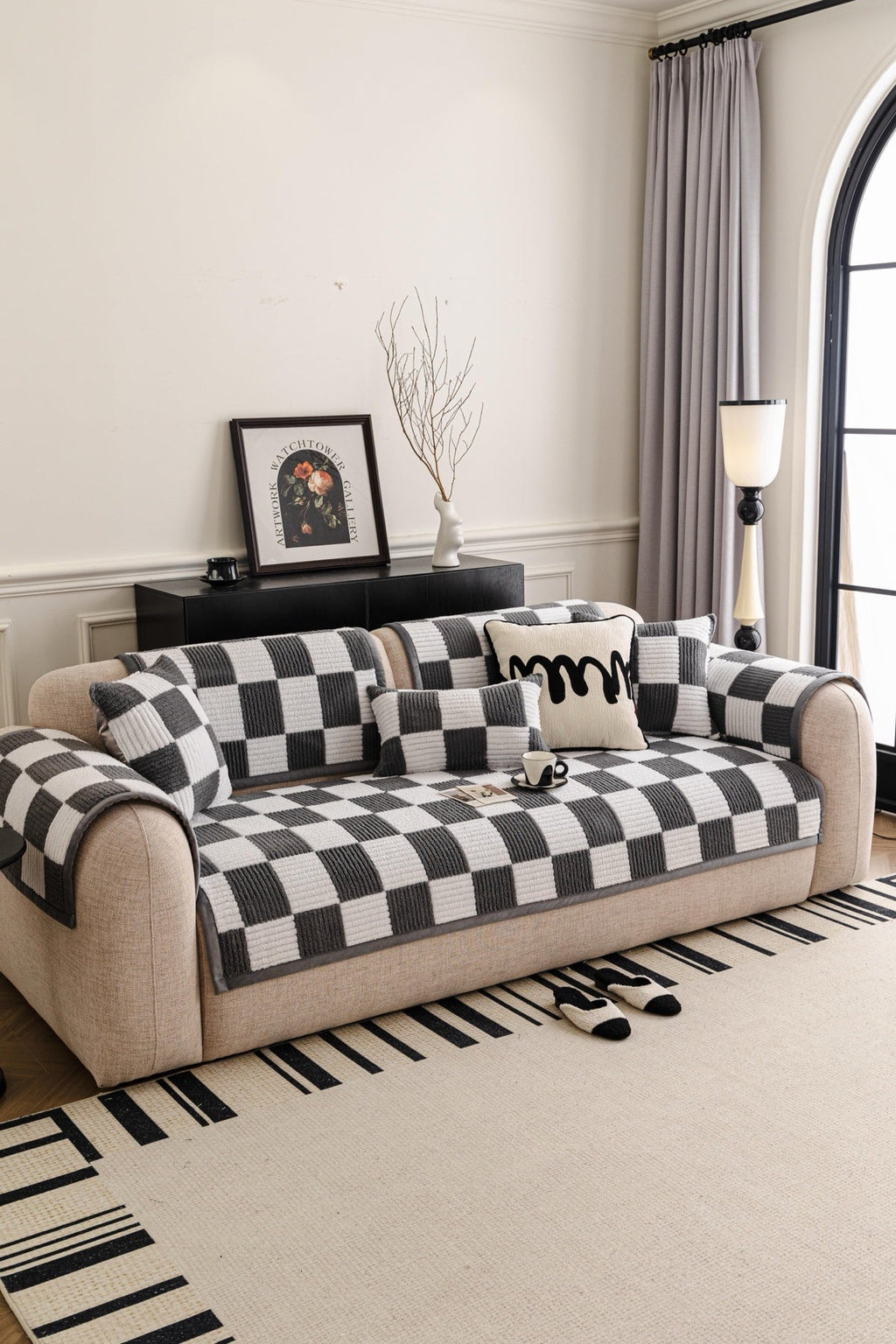 Decor Cedar Palermo Checker Chenille Sofa Cover Piece in Charcoal Cream - styled checker sofa cover piece for checker chenille sofa cover pieces in United States, image 54