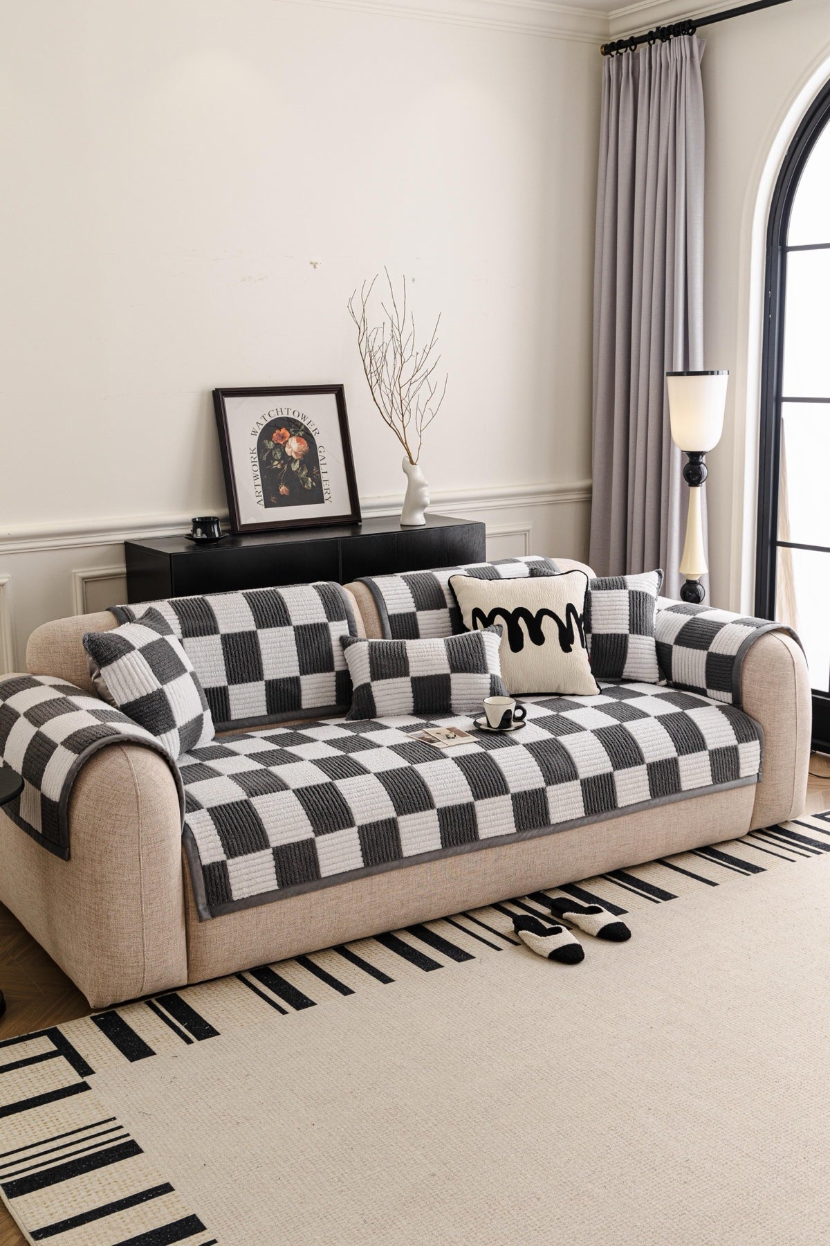 Decor Cedar Palermo Checker Chenille Sofa Cover Piece in Charcoal Cream - styled checker sofa cover piece for checker chenille sofa cover pieces in United States, image 54