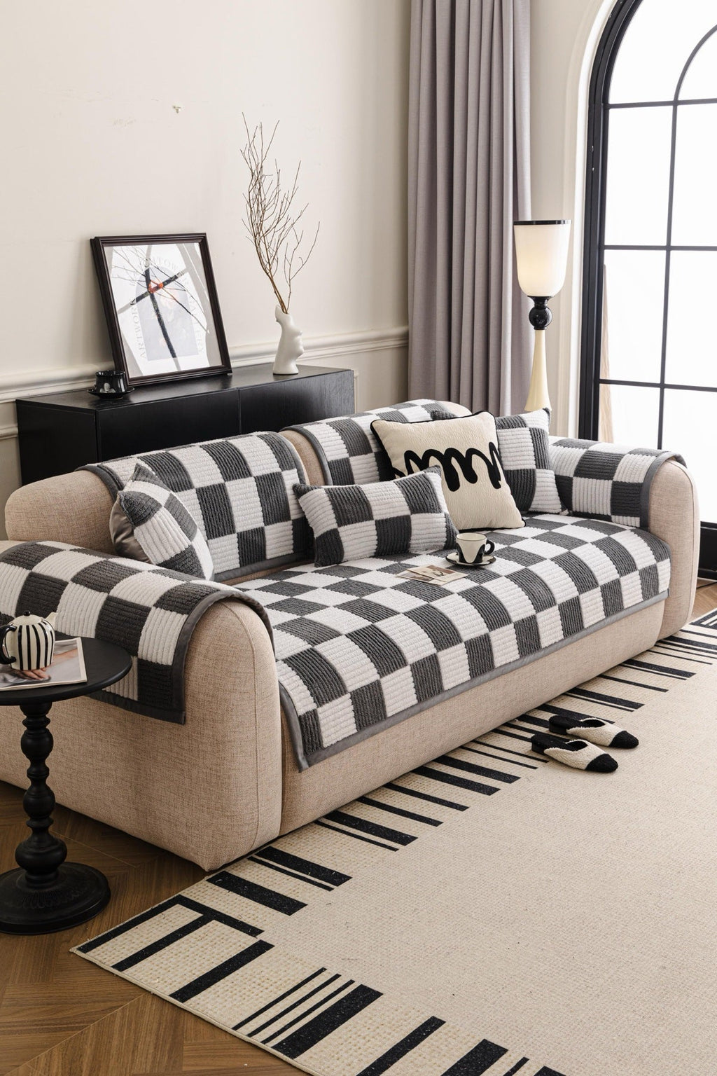 Decor Cedar Palermo Checker Chenille Sofa Cover Piece in Charcoal Cream - front sofa fit view for checker chenille sofa cover pieces in United States, image 40