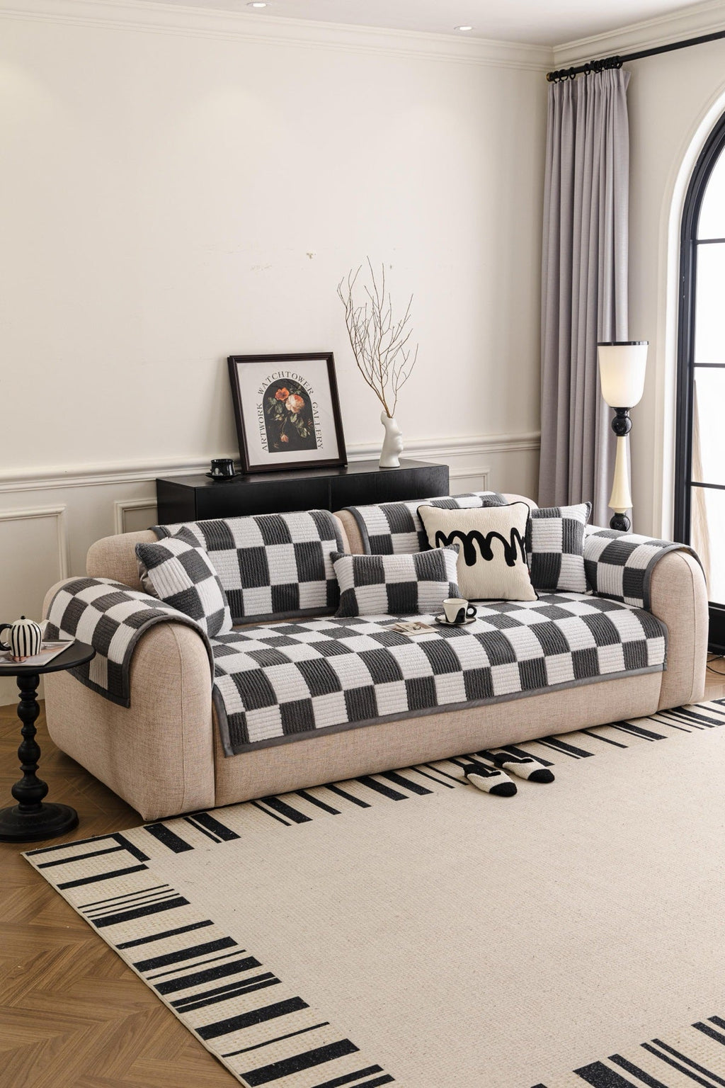 Decor Cedar Palermo Checker Chenille Sofa Cover Piece in Charcoal Cream - styled checker sofa cover piece for checker chenille sofa cover pieces in United States, image 41