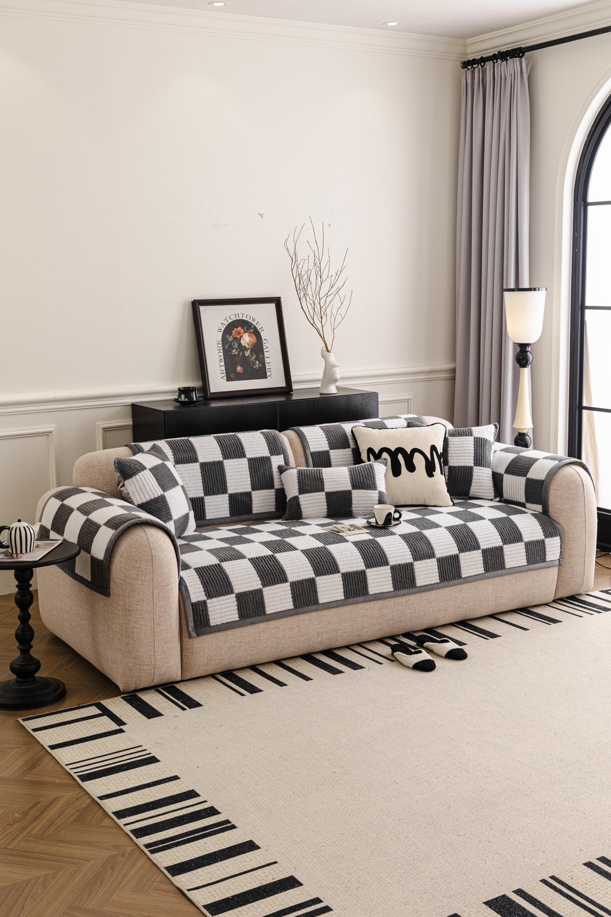 Decor Cedar Palermo Checker Chenille Sofa Cover Piece in Charcoal Cream - styled checker sofa cover piece for checker chenille sofa cover pieces in United States, image 41