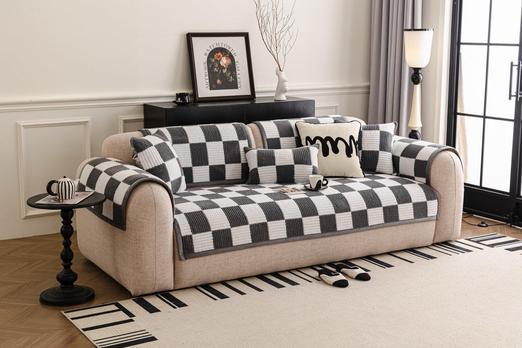 Decor Cedar Palermo Checker Chenille Sofa Cover Piece in Charcoal Cream - styled checker sofa cover piece for checker chenille sofa cover pieces in United States, image 42