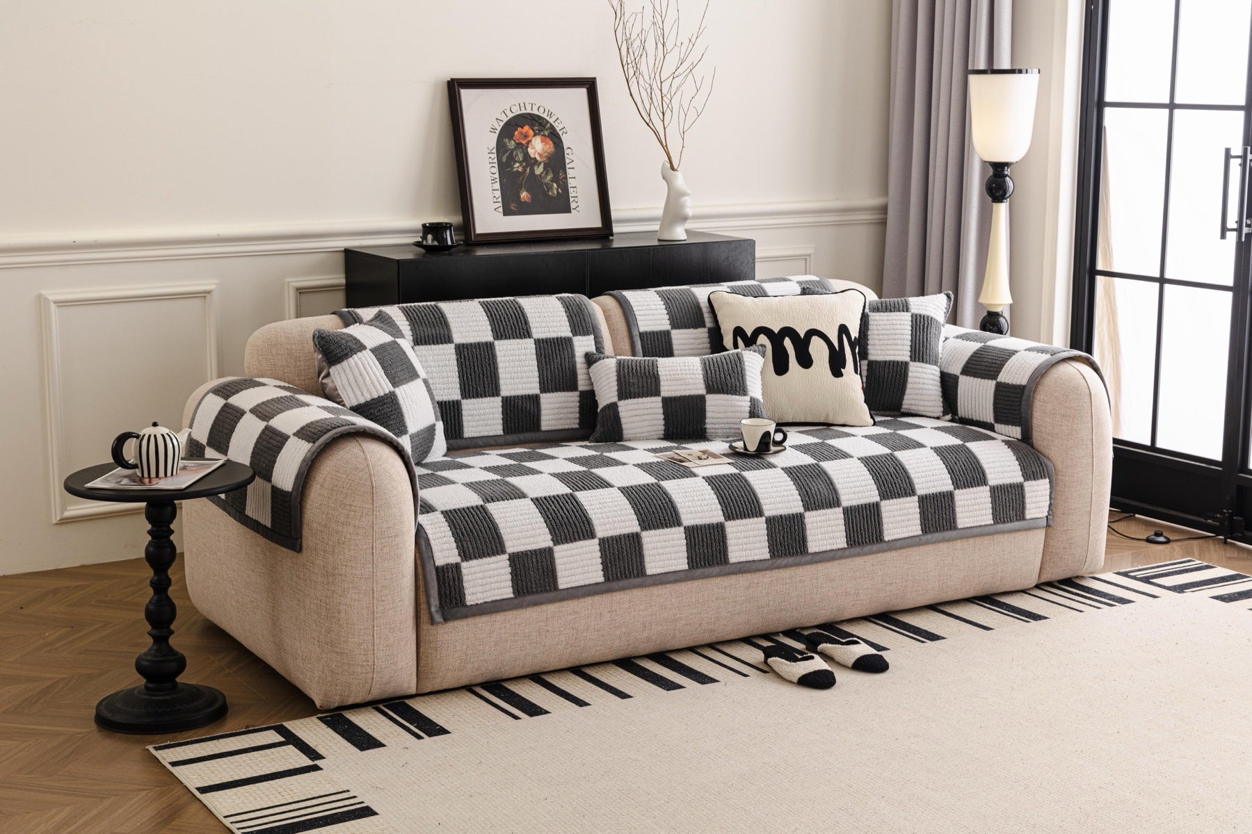 Decor Cedar Palermo Checker Chenille Sofa Cover Piece in Charcoal Cream - styled checker sofa cover piece for checker chenille sofa cover pieces in United States, image 42