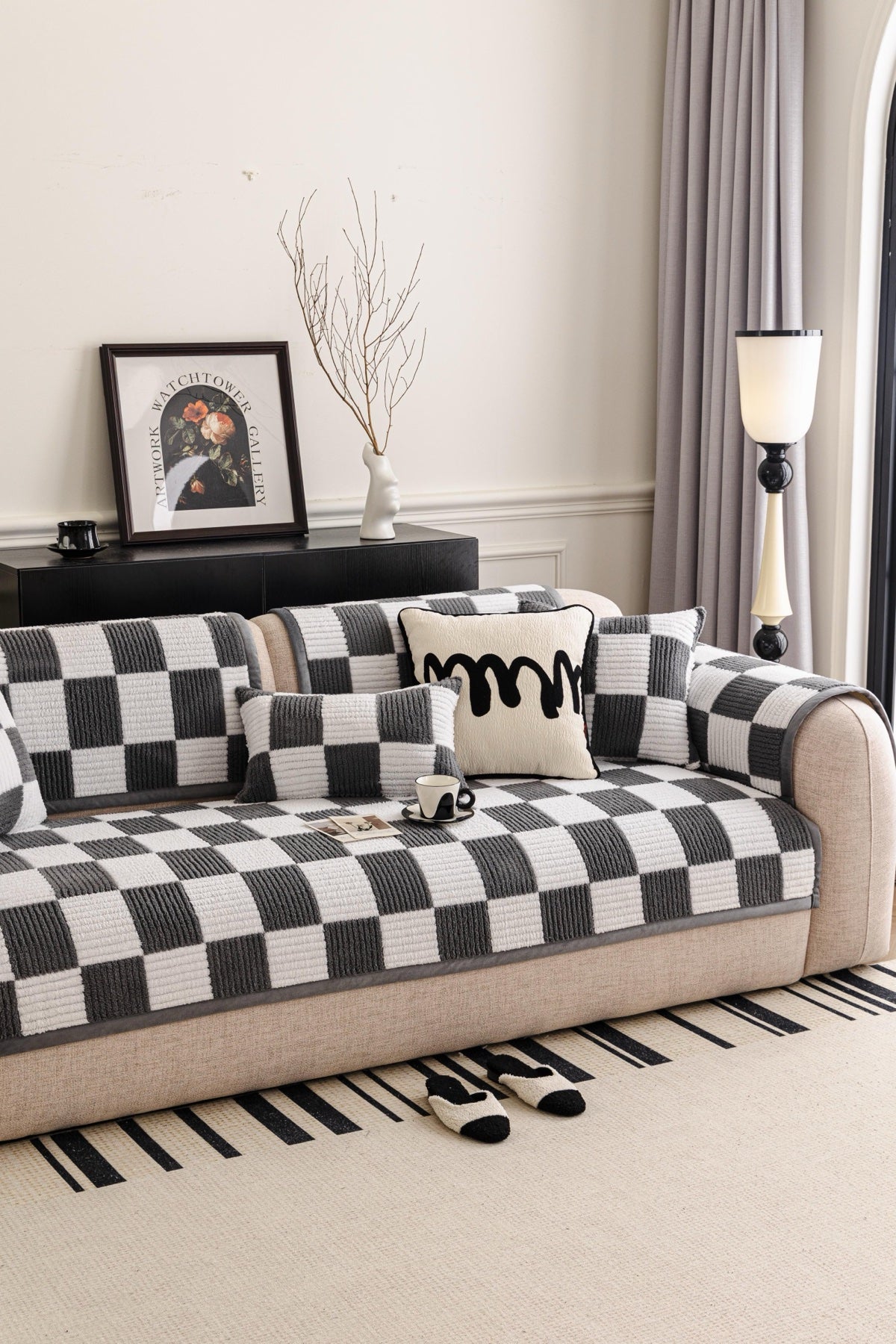 Decor Cedar Palermo Checker Chenille Sofa Cover Piece in Charcoal Cream - styled checker sofa cover piece for checker chenille sofa cover pieces in United States, image 43