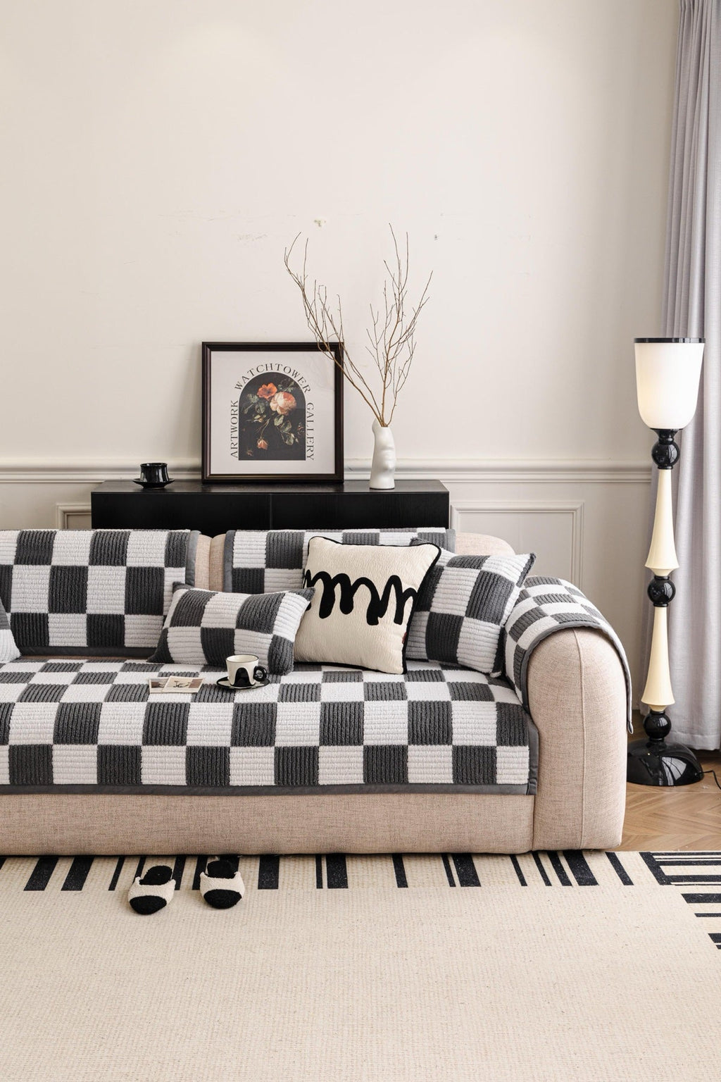 Decor Cedar Palermo Checker Chenille Sofa Cover Piece in Charcoal Cream - styled checker sofa cover piece for checker chenille sofa cover pieces in United States, image 44